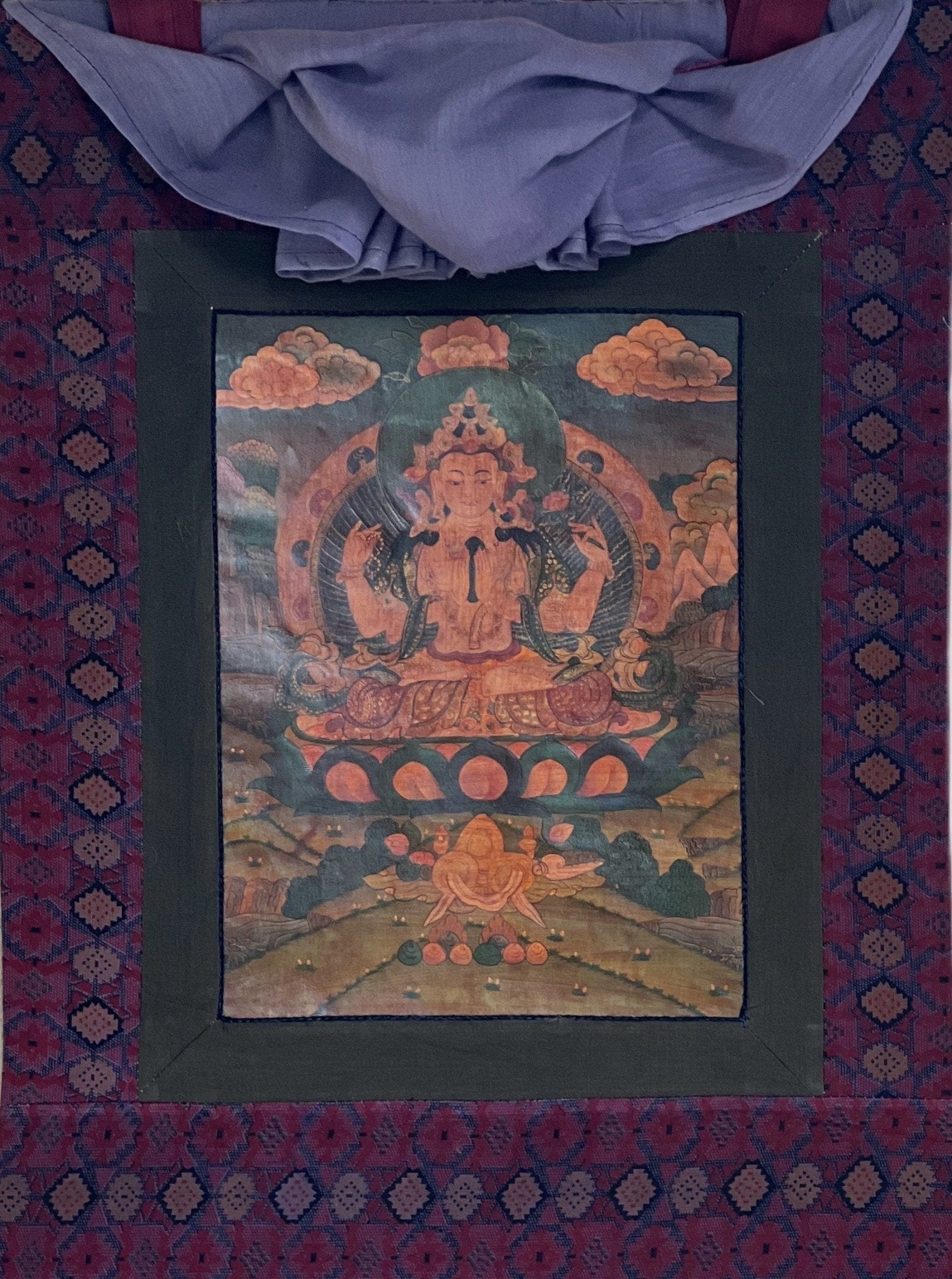 Original Hand Painted Avalokiteshvara / Chenrezig/Chyangresi OLD OIL - VARNISHED Tibetan Thangka Painting with Premium Cotton Brocade - Tibetan Thangka Art