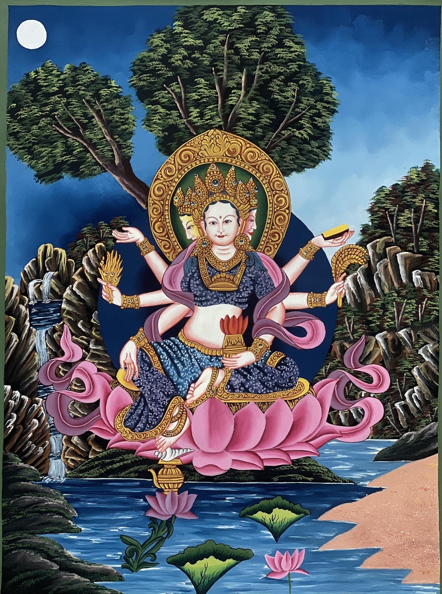 Original Hand - Painted Basundhara Devi Thangka | Authentic Tibetan Thangka Art | Spiritual Wall Decor for Meditation & Yoga | Buddhist Art - Tibetan Thangka Art