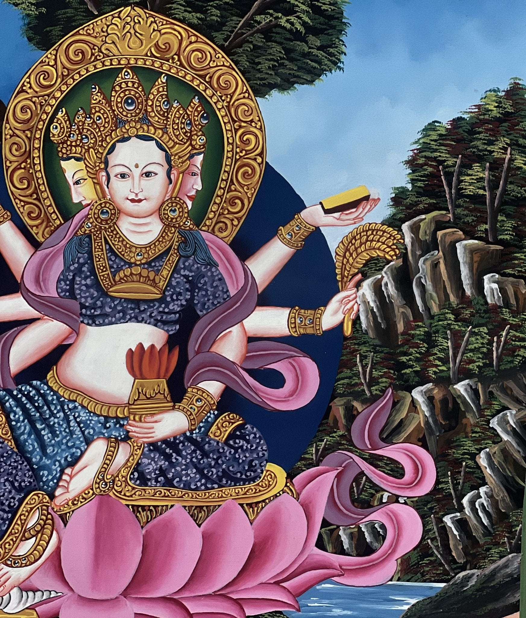 Original Hand - Painted Basundhara Devi Thangka | Authentic Tibetan Thangka Art | Spiritual Wall Decor for Meditation & Yoga | Buddhist Art - Tibetan Thangka Art