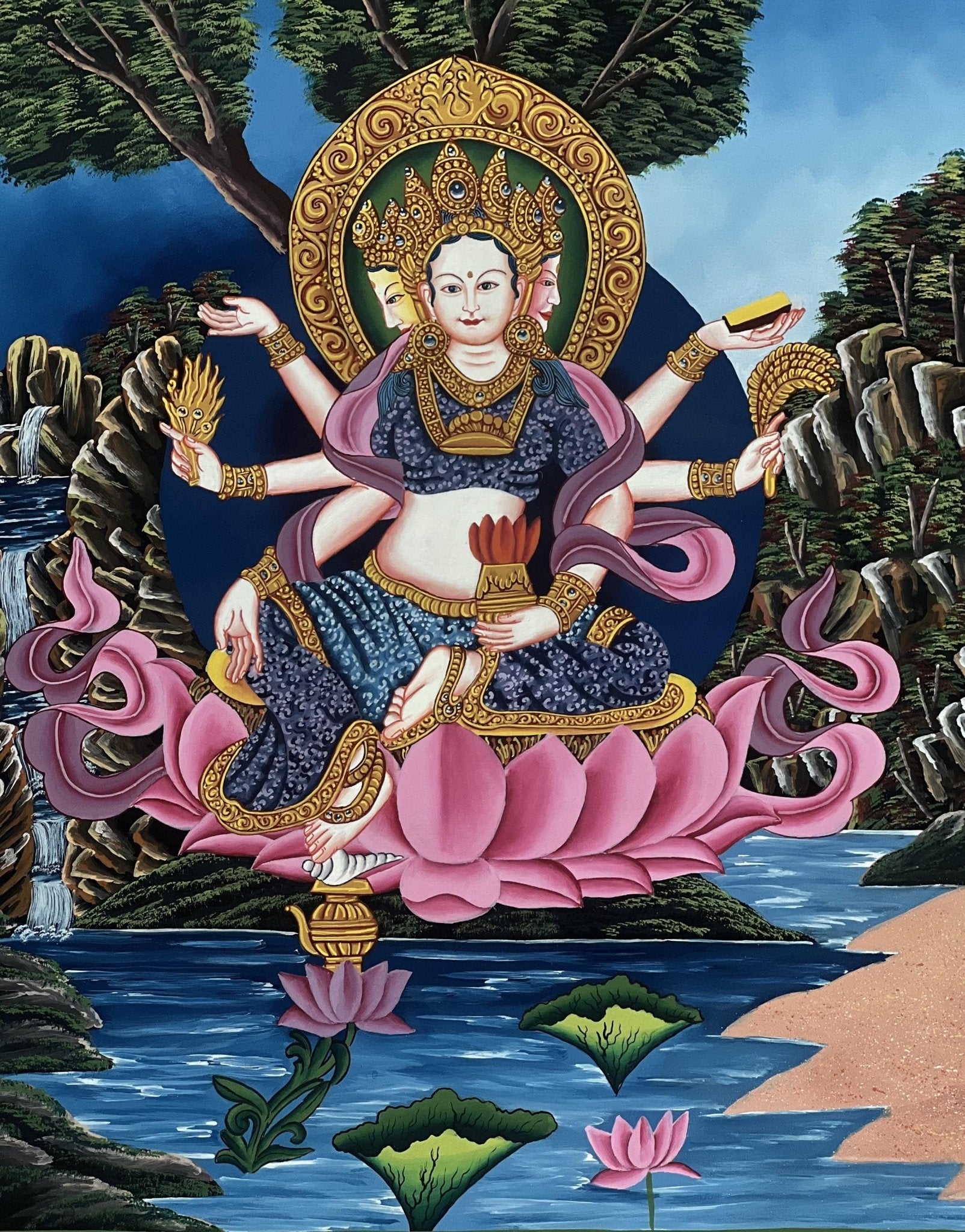 Original Hand - Painted Basundhara Devi Thangka | Authentic Tibetan Thangka Art | Spiritual Wall Decor for Meditation & Yoga | Buddhist Art - Tibetan Thangka Art