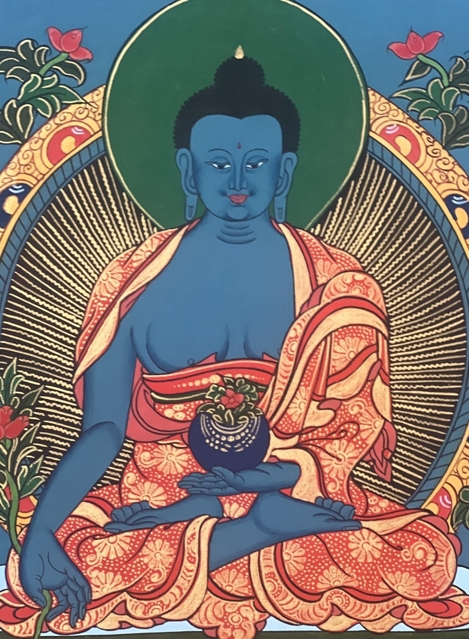 Original Hand - painted BhaisajyaGuru / Medicine Buddha/ Medicine Master/ Healing Buddha Tibetan Thangka Painting with Silk Brocade - Tibetan Thangka Art