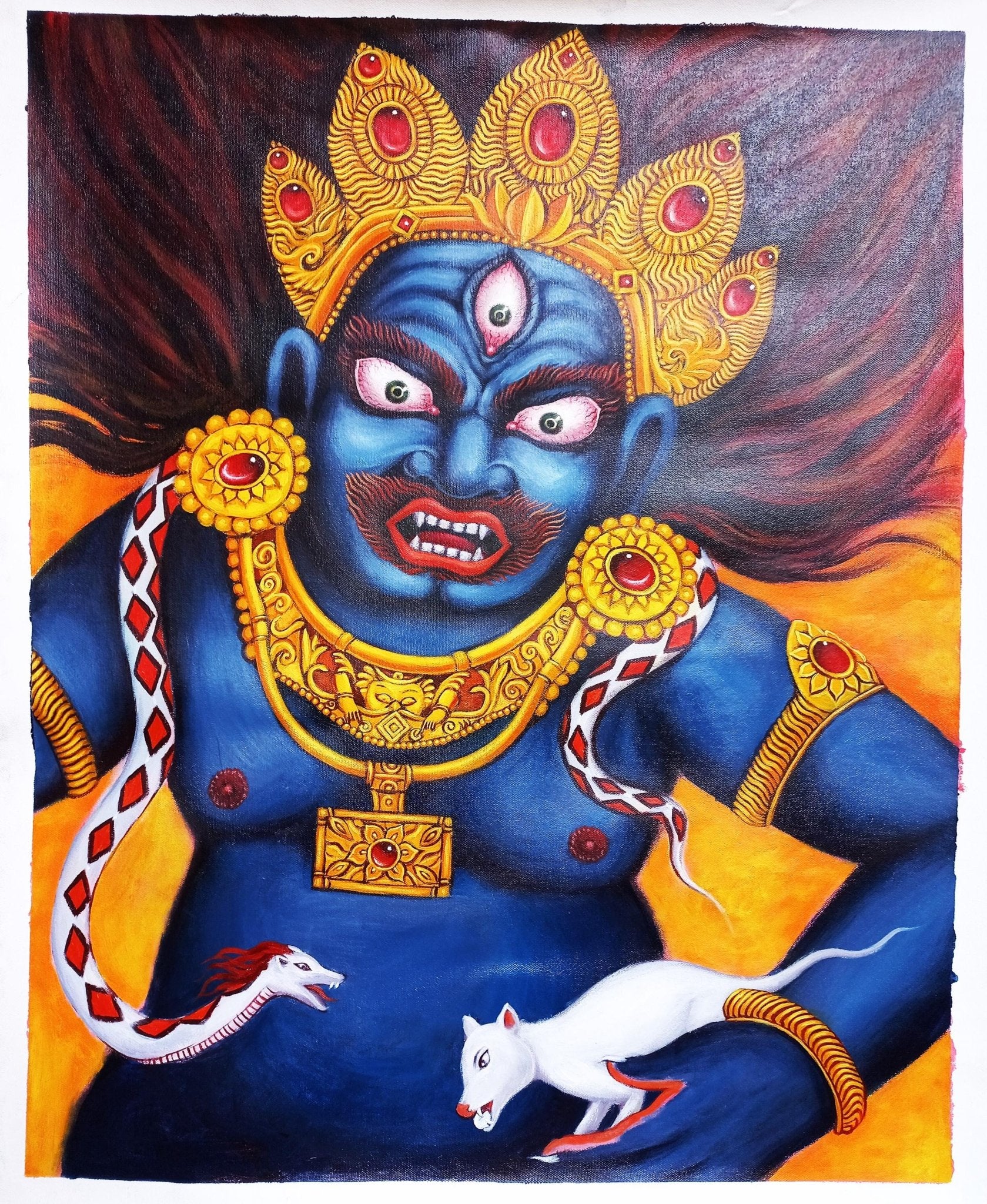 Original Hand Painted Black Jambhala / Kubera/ God of Wealth/ Acrylic Painting on Canvas Compassion / Meditation Painting - Tibetan Thangka Art
