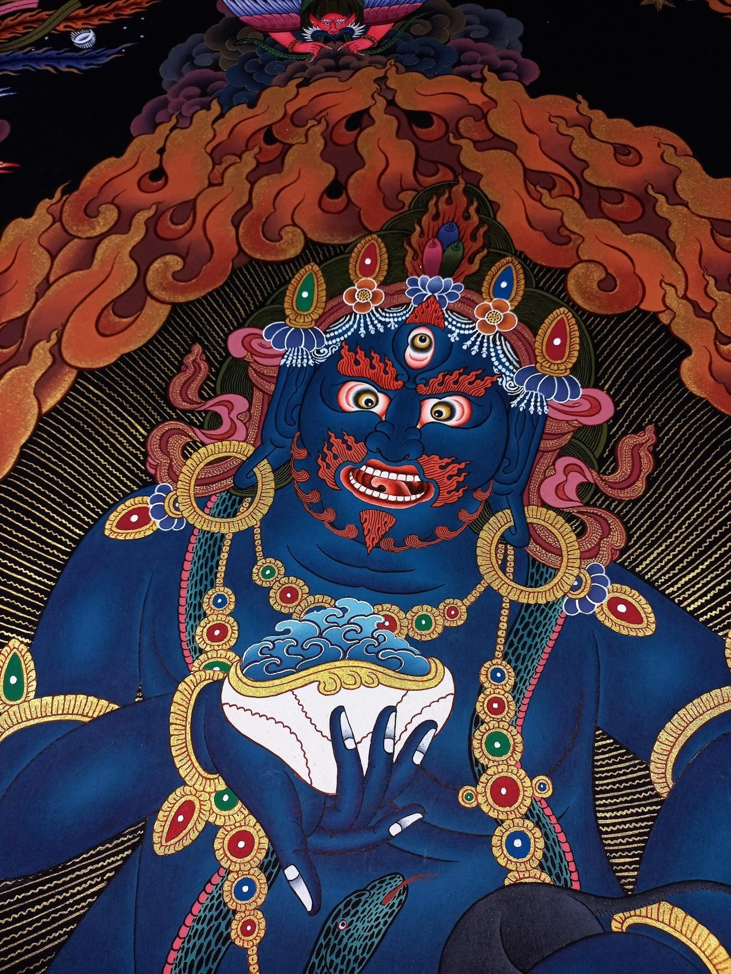Original Hand Painted Black Jambhala / Kubera/ God of Wealth Masterpiece Gold Tibetan Compassion / Meditation LARGE Thangka Painting - Tibetan Thangka Art