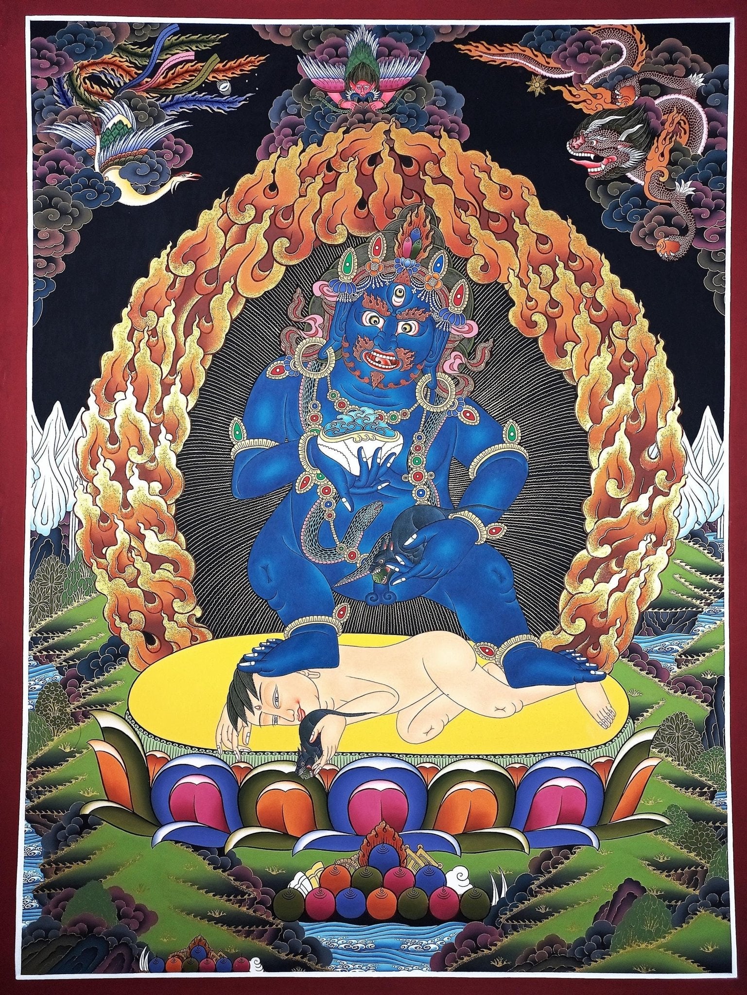 Original Hand Painted Black Jambhala / Kubera/ God of Wealth Masterpiece Gold Tibetan Compassion / Meditation LARGE Thangka Painting - Tibetan Thangka Art