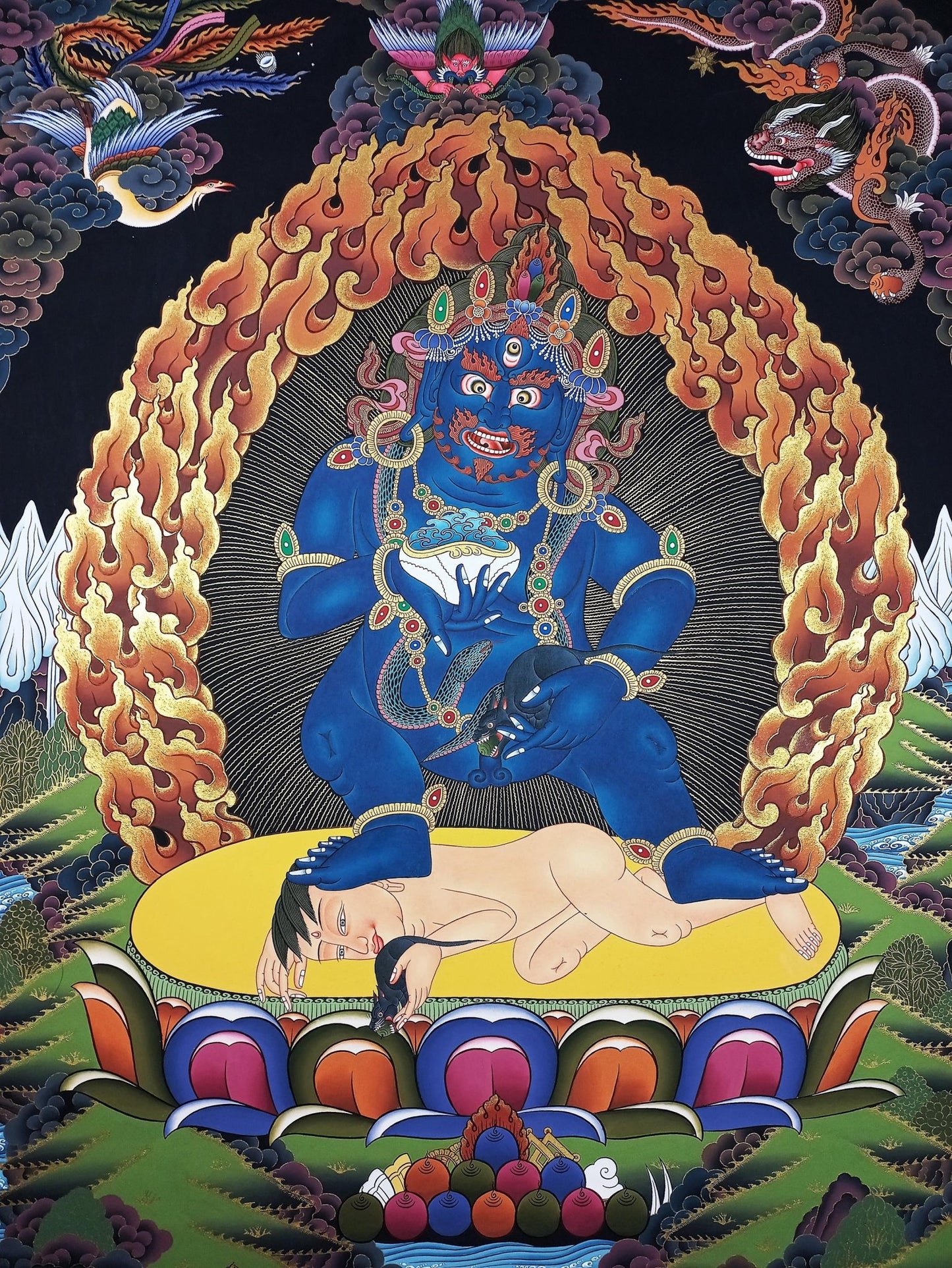 Original Hand Painted Black Jambhala / Kubera/ God of Wealth Masterpiece Gold Tibetan Compassion / Meditation LARGE Thangka Painting - Tibetan Thangka Art