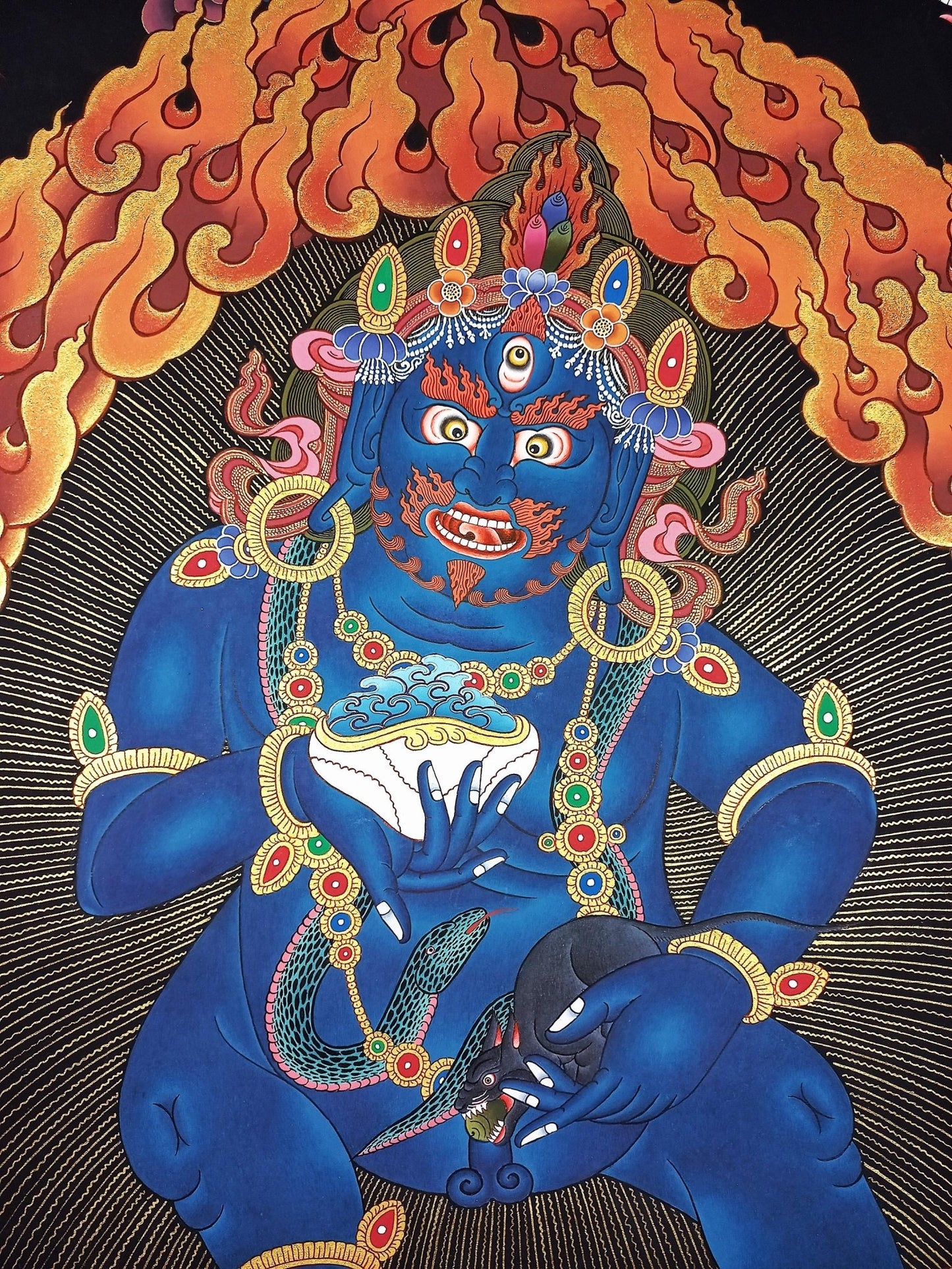 Original Hand Painted Black Jambhala / Kubera/ God of Wealth Masterpiece Gold Tibetan Compassion / Meditation LARGE Thangka Painting - Tibetan Thangka Art