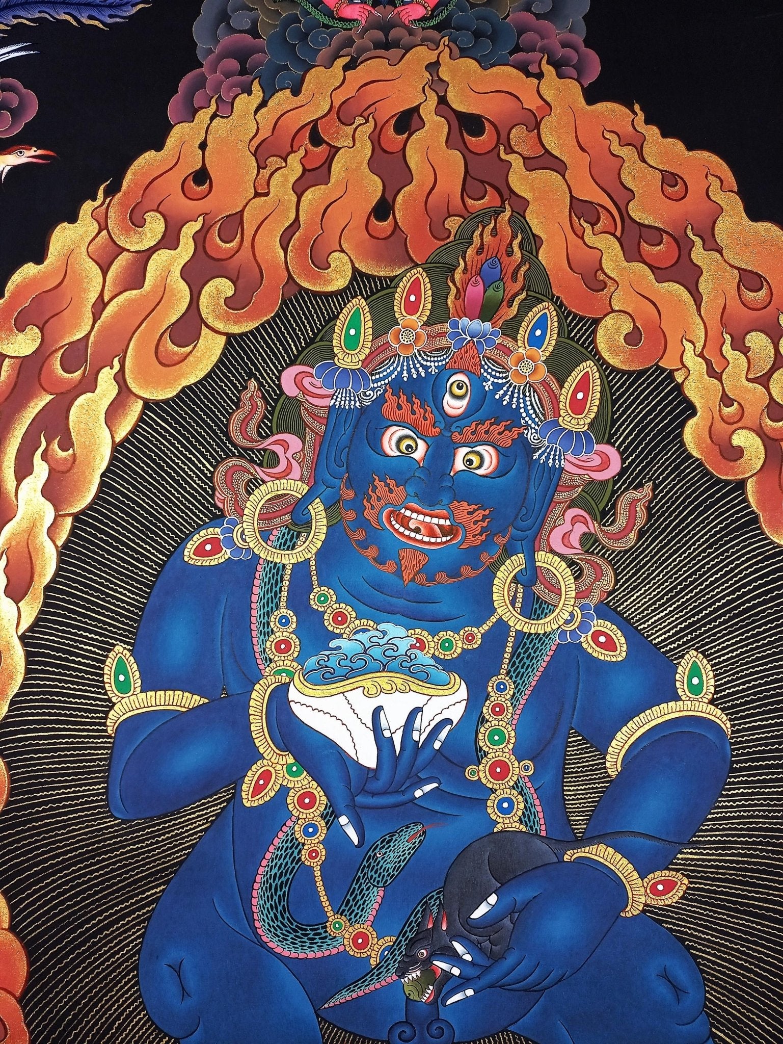 Original Hand Painted Black Jambhala / Kubera/ God of Wealth Masterpiece Gold Tibetan Compassion / Meditation LARGE Thangka Painting - Tibetan Thangka Art
