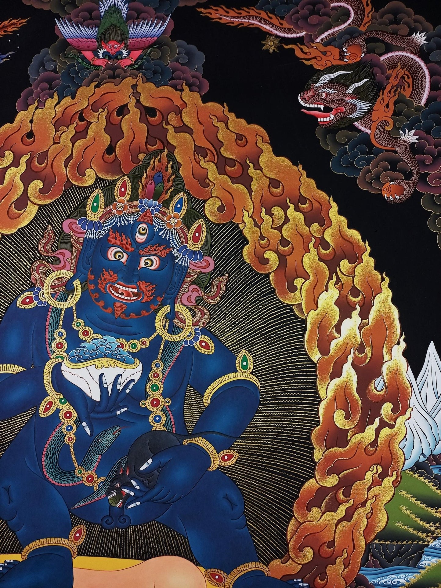 Original Hand Painted Black Jambhala / Kubera/ God of Wealth Masterpiece Gold Tibetan Compassion / Meditation LARGE Thangka Painting - Tibetan Thangka Art