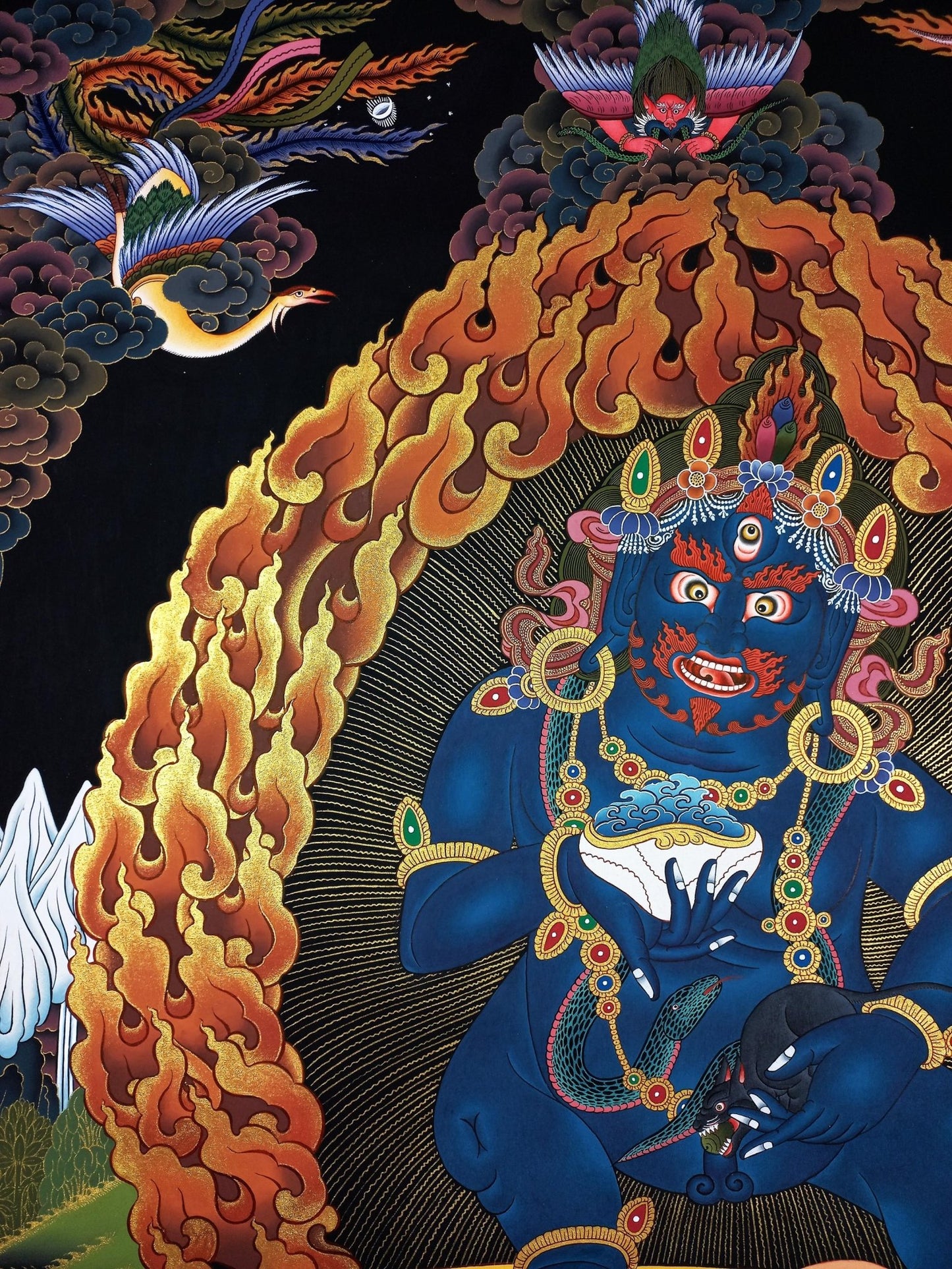 Original Hand Painted Black Jambhala / Kubera/ God of Wealth Masterpiece Gold Tibetan Compassion / Meditation LARGE Thangka Painting - Tibetan Thangka Art