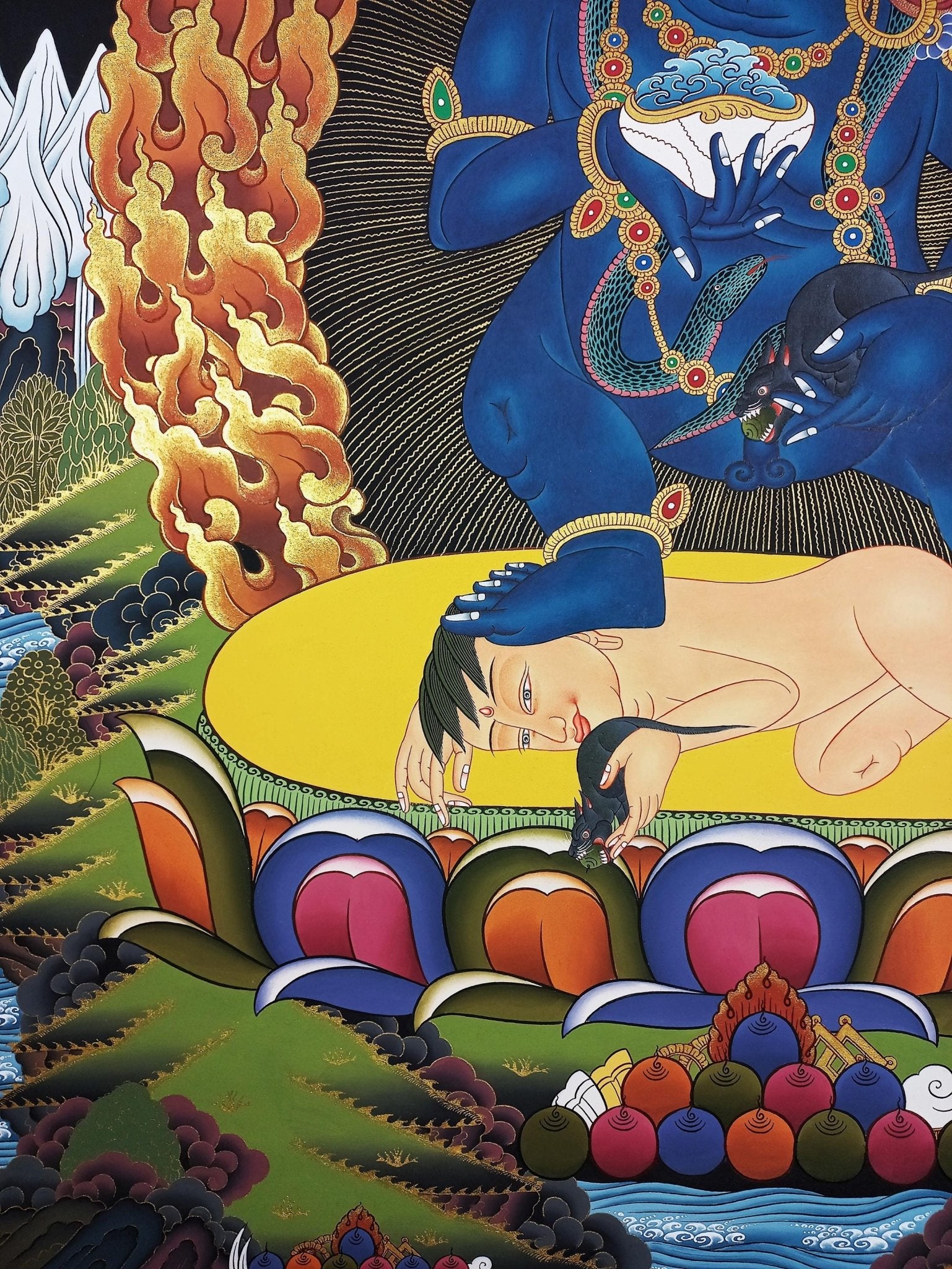 Original Hand Painted Black Jambhala / Kubera/ God of Wealth Masterpiece Gold Tibetan Compassion / Meditation LARGE Thangka Painting - Tibetan Thangka Art