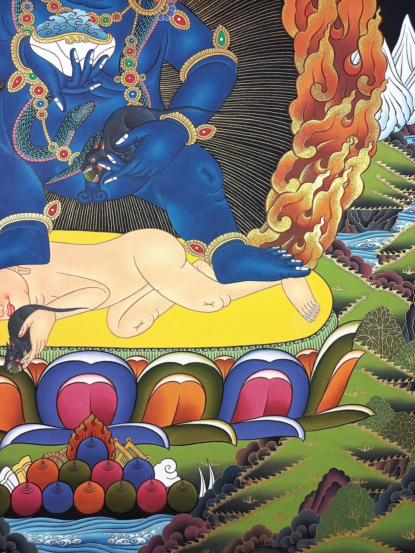 Original Hand Painted Black Jambhala / Kubera/ God of Wealth Masterpiece Gold Tibetan Compassion / Meditation LARGE Thangka Painting - Tibetan Thangka Art