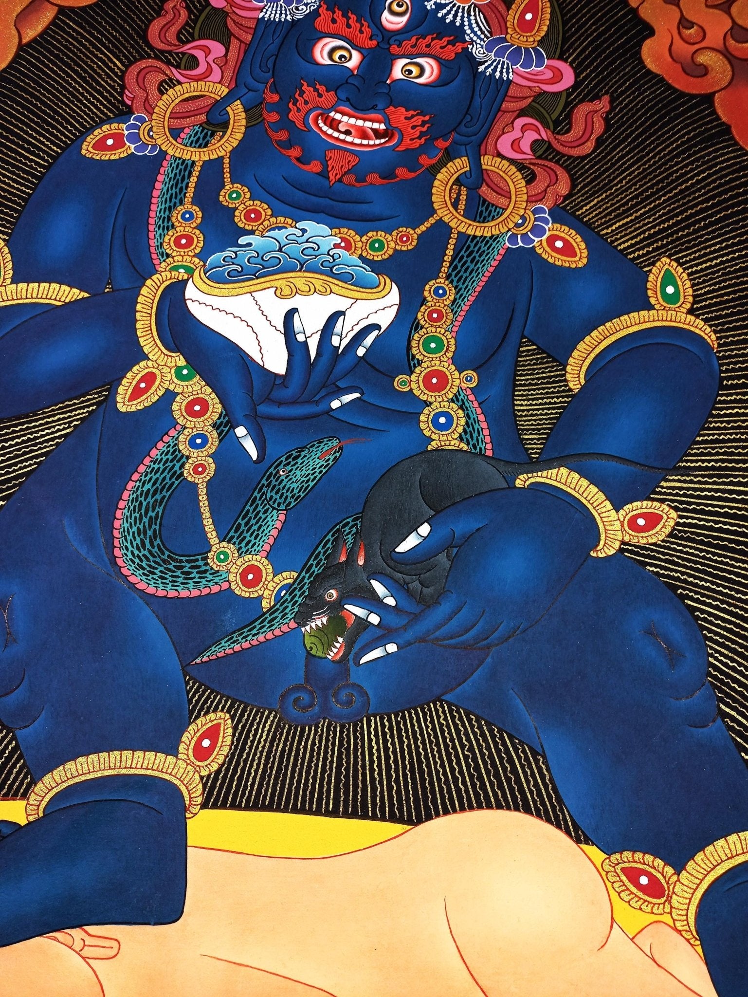 Original Hand Painted Black Jambhala / Kubera/ God of Wealth Masterpiece Gold Tibetan Compassion / Meditation LARGE Thangka Painting - Tibetan Thangka Art