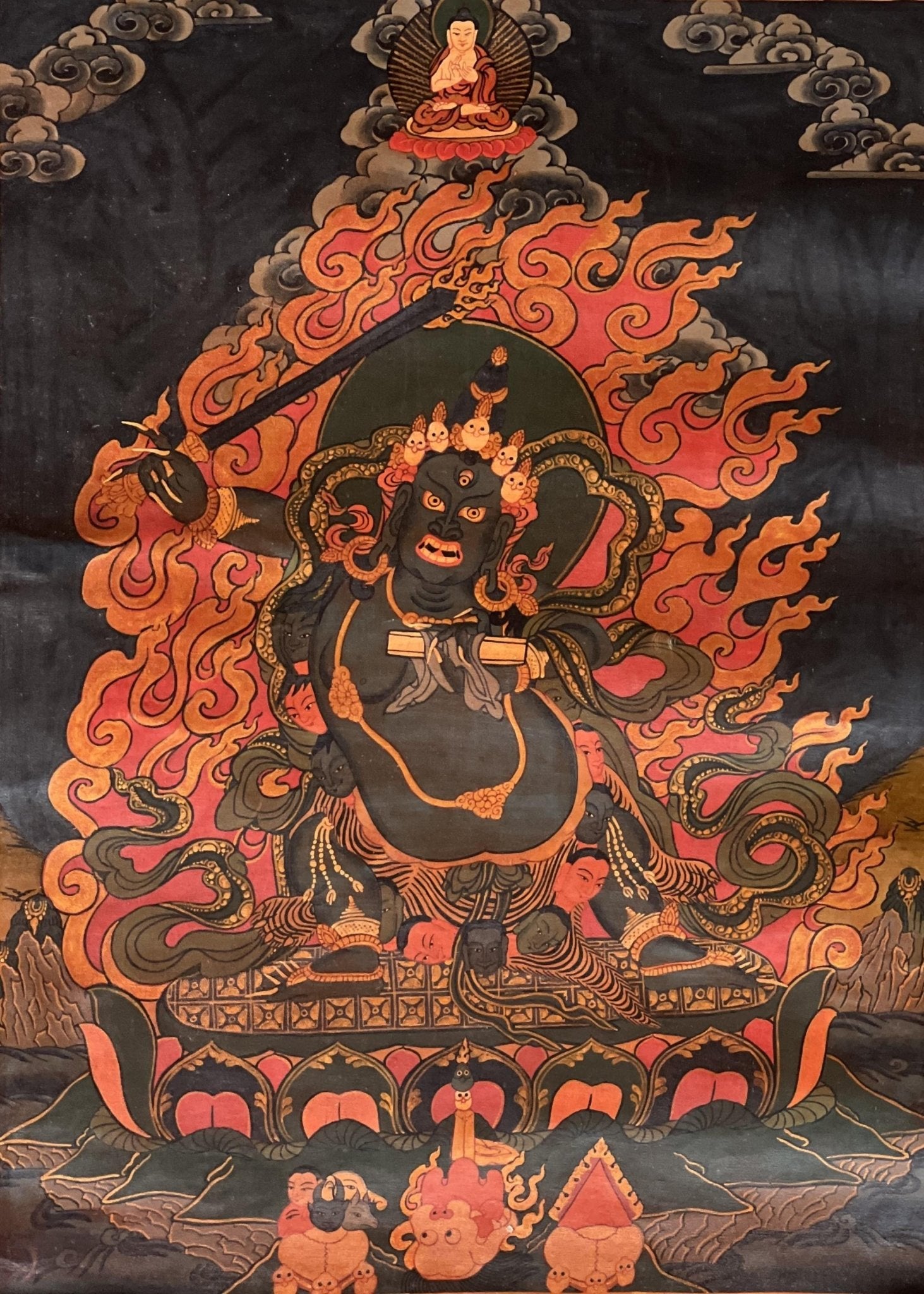 Original Hand - painted Black Manjushri/Manjusri/ Manjushree Old Oil Varnished Tibetan Thangka Painting with Silk Brocade - Tibetan Thangka Art