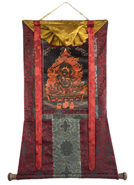 Original Hand - painted Black Manjushri/Manjusri/ Manjushree Old Oil Varnished Tibetan Thangka Painting with Silk Brocade - Tibetan Thangka Art