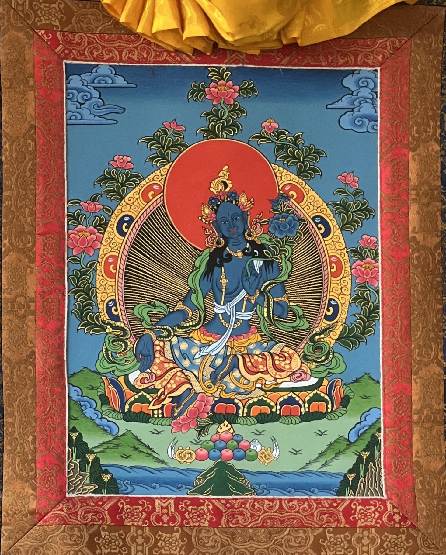 Original Hand - Painted Blue Tara Mother Goddess of Protection Tibetan Thangka Painting | Buddhist Meditation Art With High - Quality Silk Frame - Tibetan Thangka Art