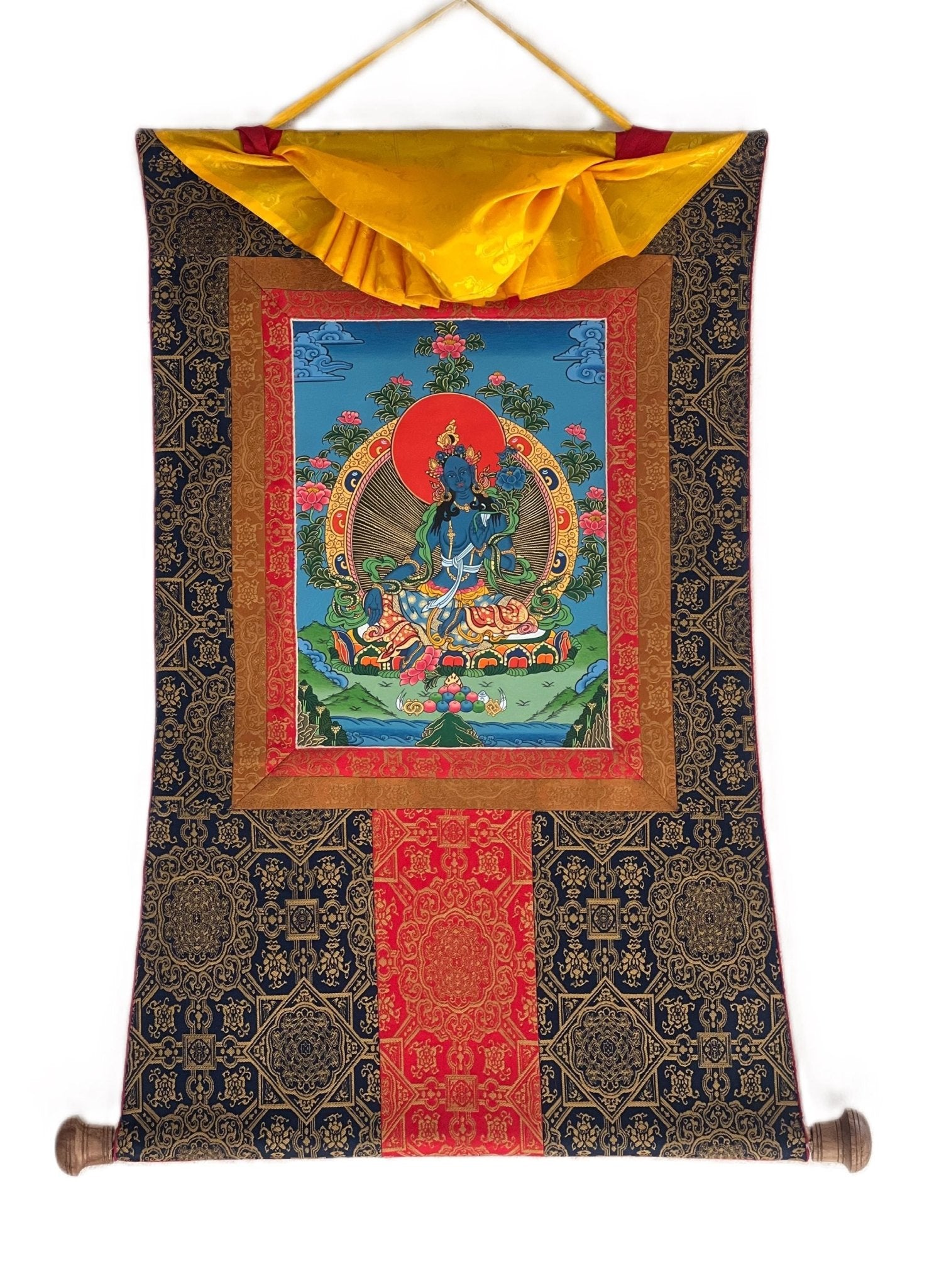 Original Hand - Painted Blue Tara Mother Goddess of Protection Tibetan Thangka Painting | Buddhist Meditation Art With High - Quality Silk Frame - Tibetan Thangka Art