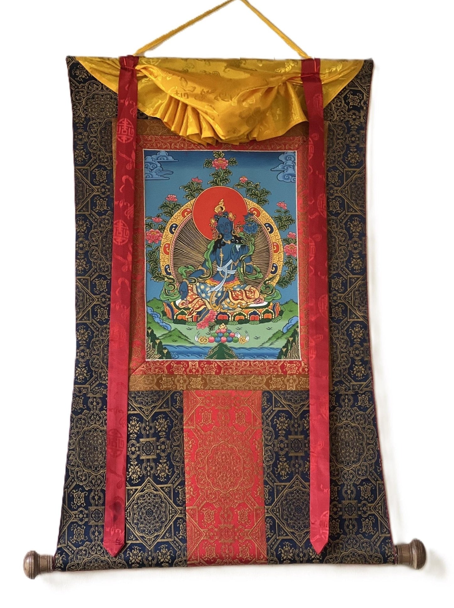 Original Hand - Painted Blue Tara Mother Goddess of Protection Tibetan Thangka Painting | Buddhist Meditation Art With High - Quality Silk Frame - Tibetan Thangka Art