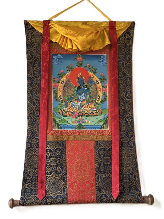 Original Hand - Painted Blue Tara Mother Goddess of Protection Tibetan Thangka Painting | Buddhist Meditation Art With High - Quality Silk Frame - Tibetan Thangka Art
