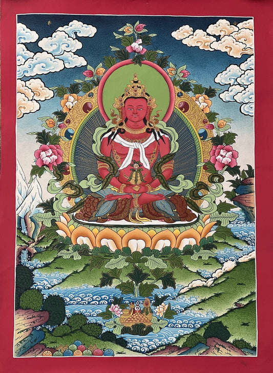 Original Hand - painted Buddha Amitayus/ Aparmita / Amitabha/Tsepame/ Master Quality Tibetan Thangka Painting from Nepal - Tibetan Thangka Art