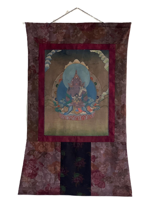 Original Hand - Painted Buddha Amitayus/Aparmita Compassion / Meditation VINTAGE Tibetan Thangka Painting With Narrow Cotton Brocade - Tibetan Thangka Art