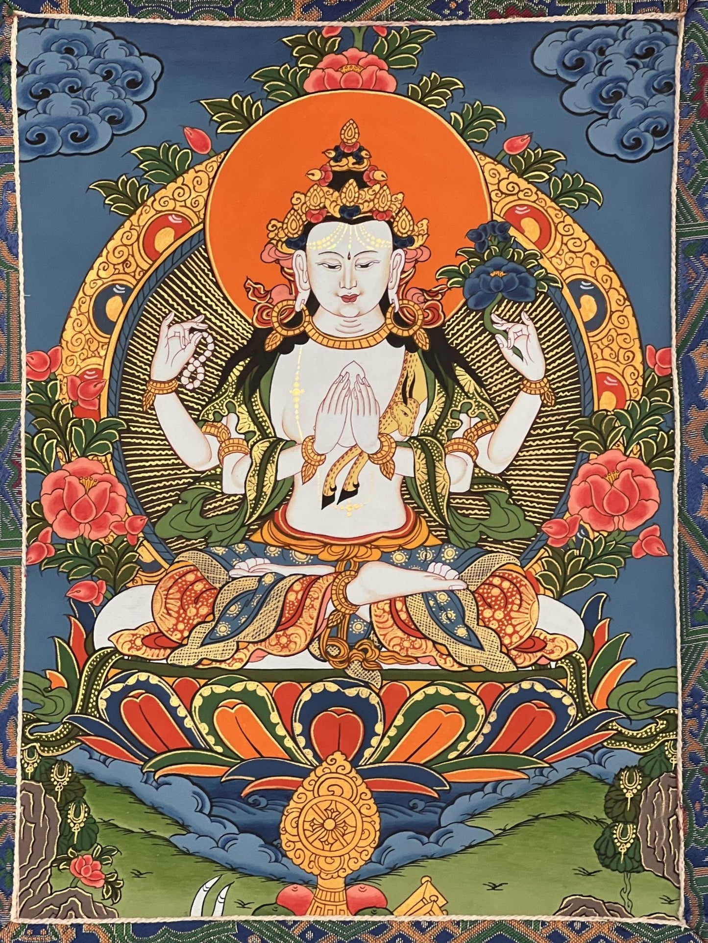Original Hand - painted Chengrezig/ Avalokitesvara/ Lokeswor Bodhisattva Masterpiece Tibetan Thangka Painting with High - Quality Silk Brocade - Tibetan Thangka Art
