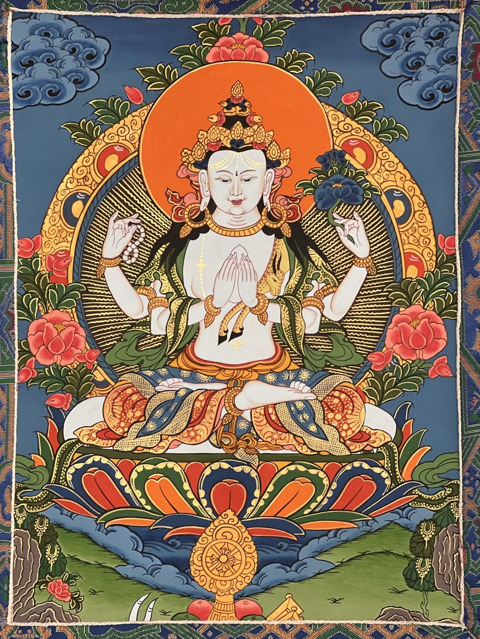 Original Hand - painted Chengrezig/ Avalokitesvara/ Lokeswor Bodhisattva Masterpiece Tibetan Thangka Painting with High - Quality Silk Brocade - Tibetan Thangka Art
