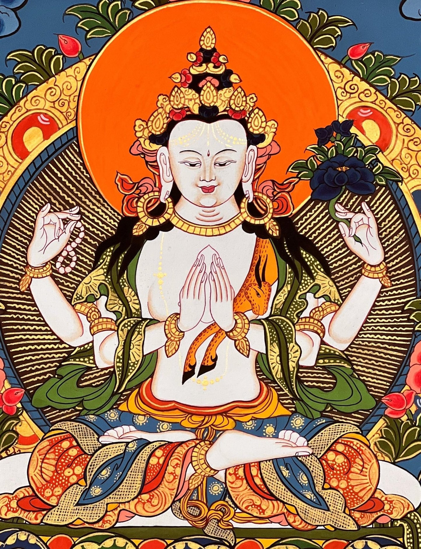 Original Hand - painted Chengrezig/ Avalokitesvara/ Lokeswor Bodhisattva Masterpiece Tibetan Thangka Painting with High - Quality Silk Brocade - Tibetan Thangka Art