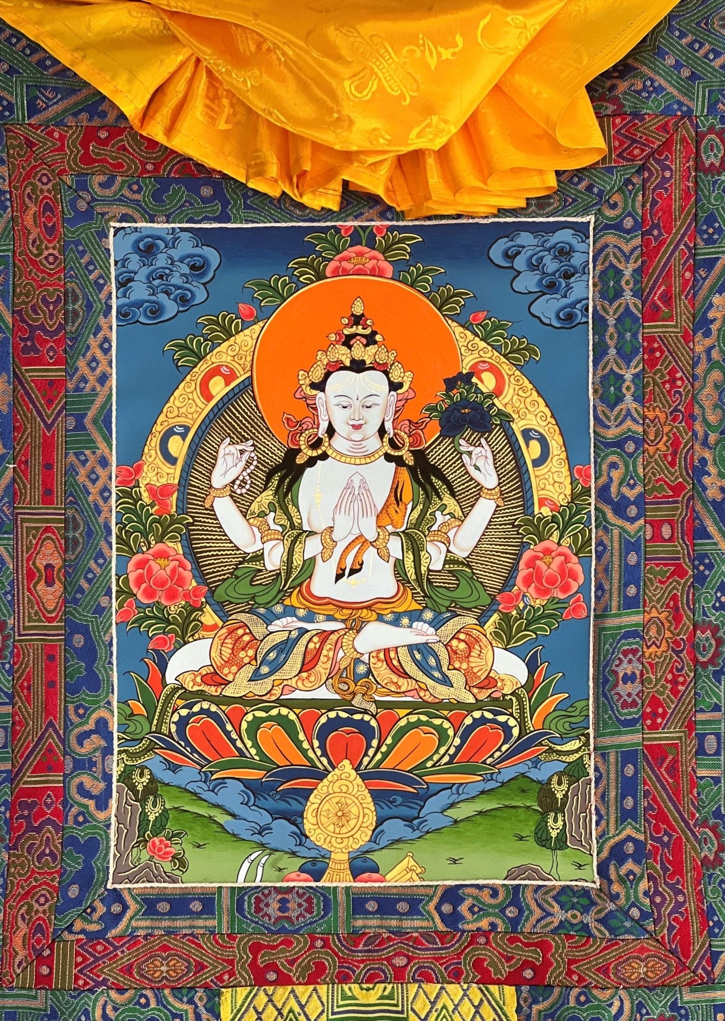 Original Hand - painted Chengrezig/ Avalokitesvara/ Lokeswor Bodhisattva Masterpiece Tibetan Thangka Painting with High - Quality Silk Brocade - Tibetan Thangka Art