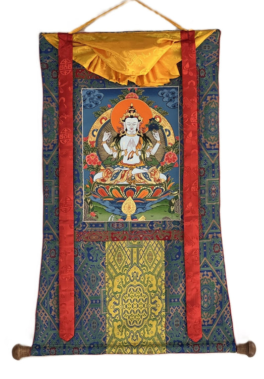 Original Hand - painted Chengrezig/ Avalokitesvara/ Lokeswor Bodhisattva Masterpiece Tibetan Thangka Painting with High - Quality Silk Brocade - Tibetan Thangka Art