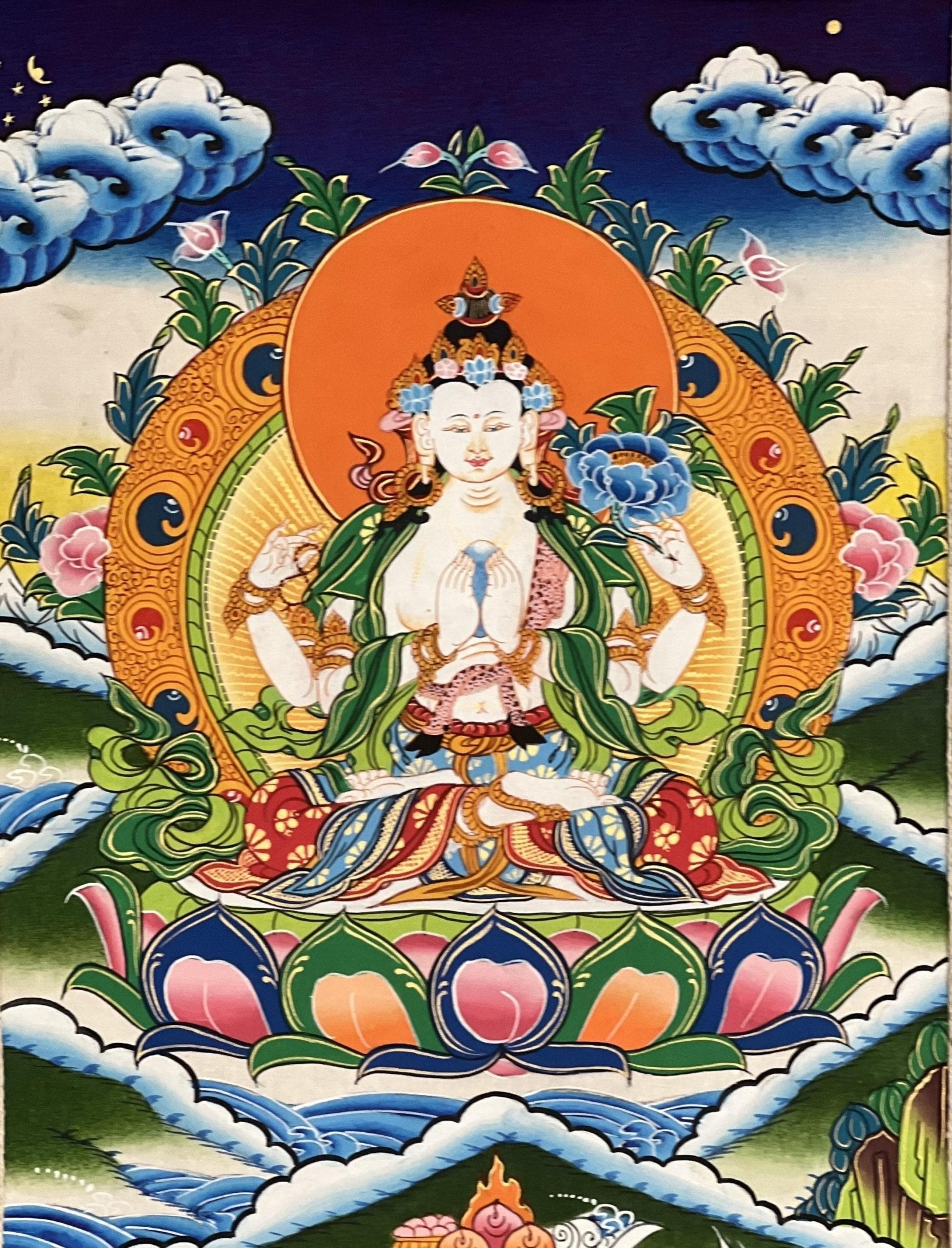 Original Hand Painted Chenrezig /Avalokiteshvara Compassion Buddha Tibetan Meditation Thangka / Thanka Painting With Premium Silk Brocade - Tibetan Thangka Art