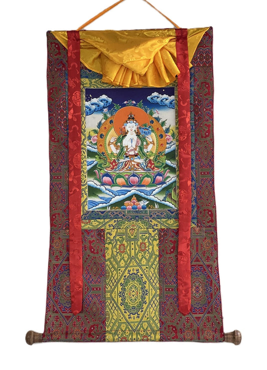 Original Hand Painted Chenrezig /Avalokiteshvara Compassion Buddha Tibetan Meditation Thangka / Thanka Painting With Premium Silk Brocade - Tibetan Thangka Art