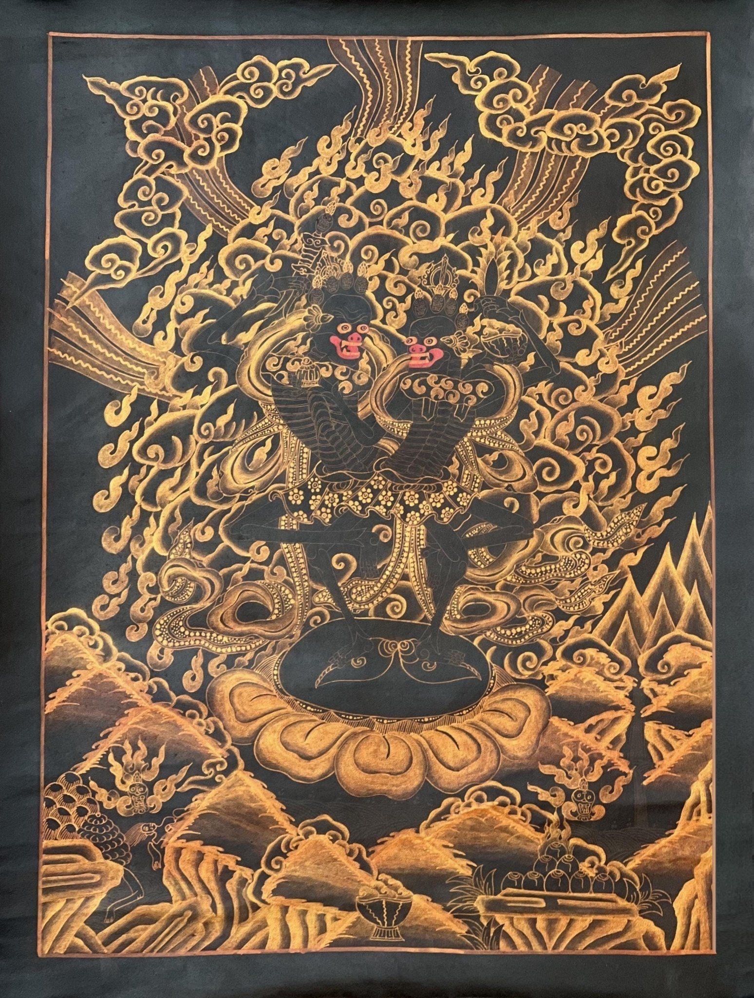 Original Hand - Painted Citipati Dancing Skeletons Happy Couple Vajrayogini Tantra Tibetan Thangka/Thanka Painting Black and Gold - Tibetan Thangka Art