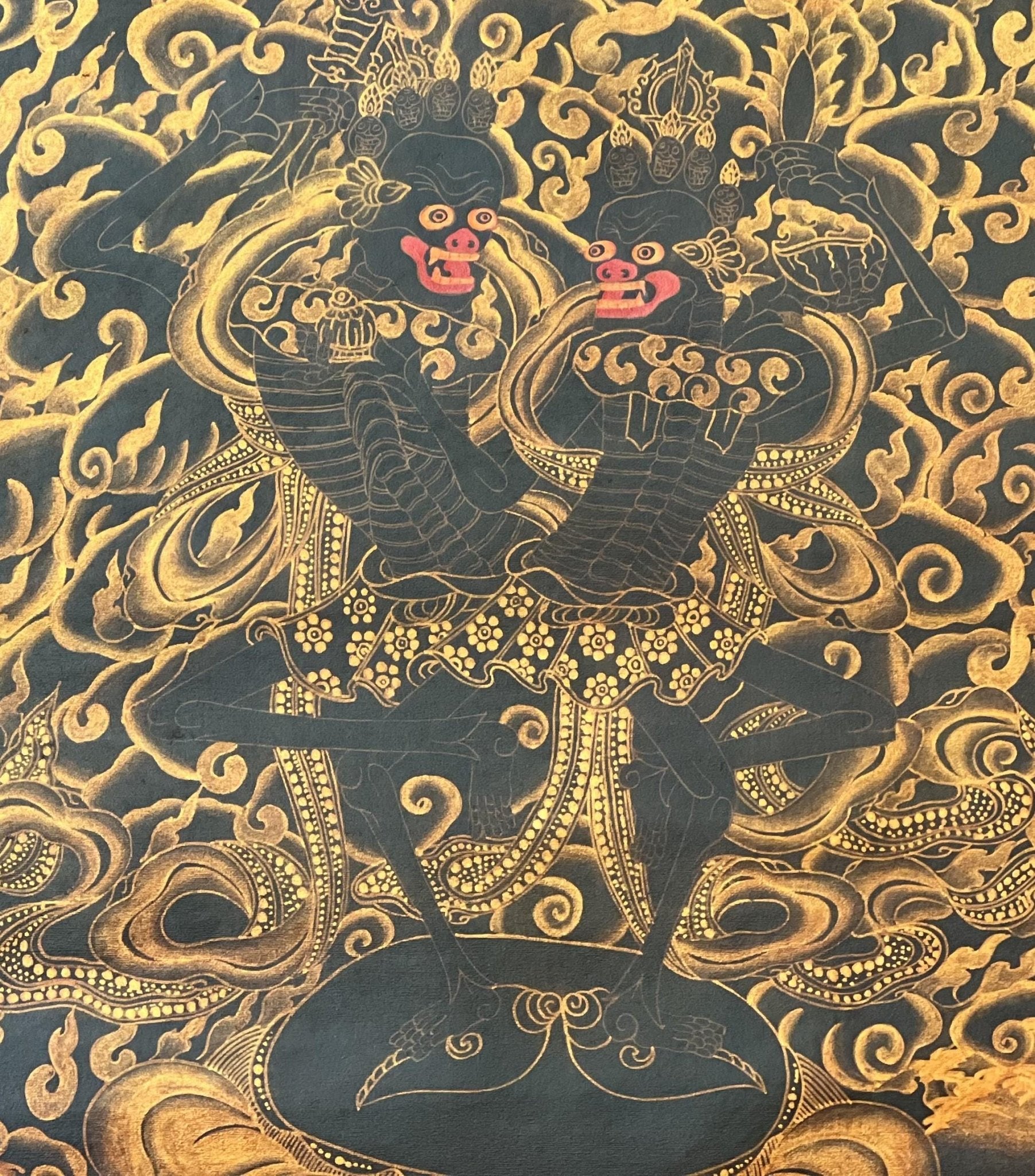 Original Hand - Painted Citipati Dancing Skeletons Happy Couple Vajrayogini Tantra Tibetan Thangka/Thanka Painting Black and Gold - Tibetan Thangka Art