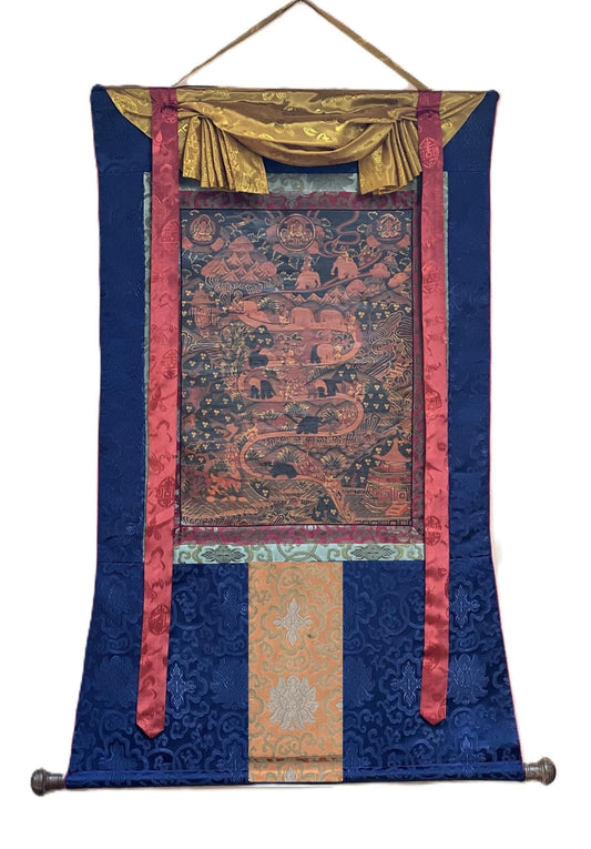 Original Hand - painted Elephant Path Samatha Meditation / Way to Nirvana Old Oil - Varnished Tibetan Thangka Painting with Silk Brocade - Tibetan Thangka Art