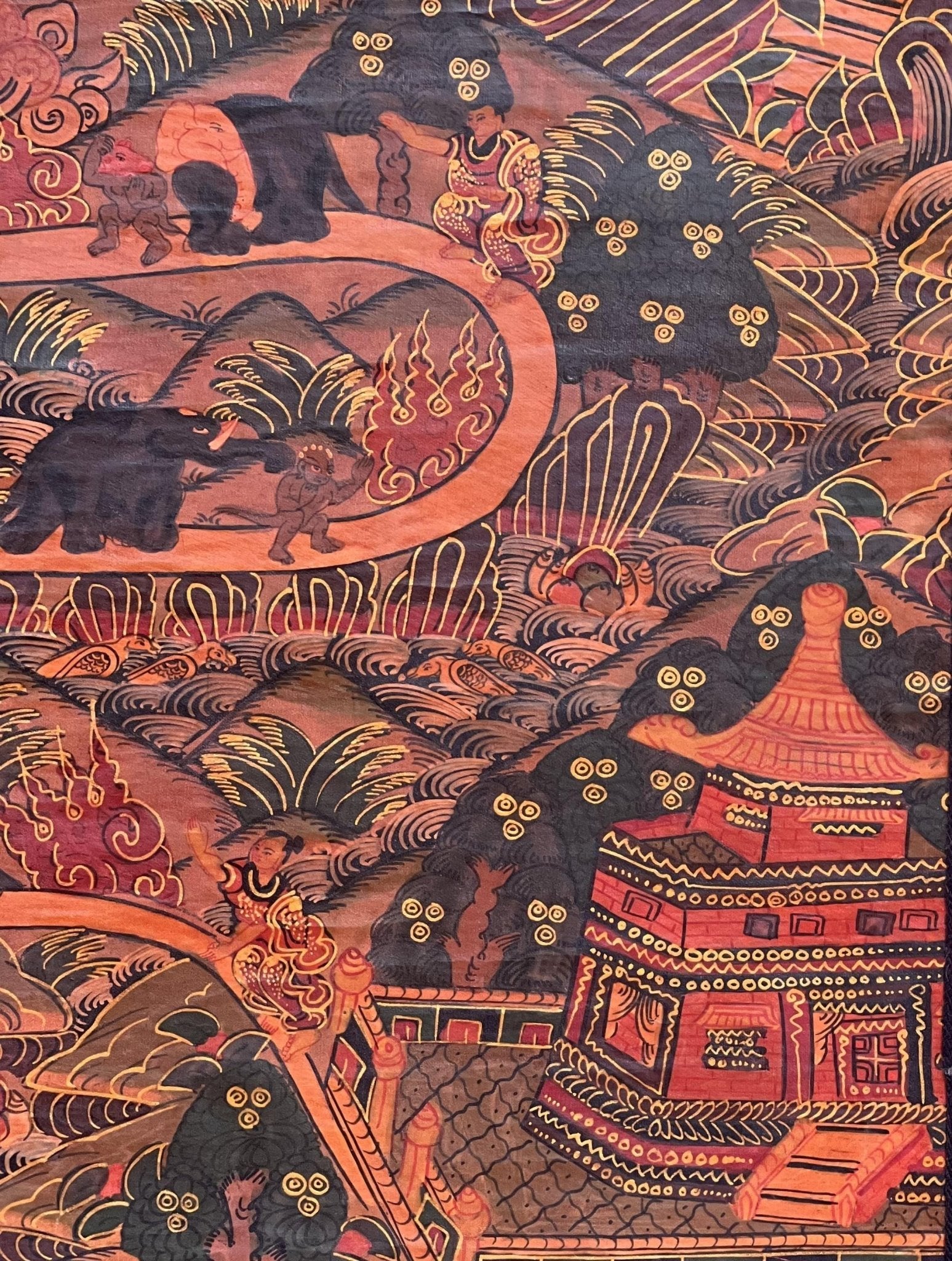 Original Hand - painted Elephant Path Samatha Meditation / Way to Nirvana Old Oil - Varnished Tibetan Thangka Painting with Silk Brocade - Tibetan Thangka Art