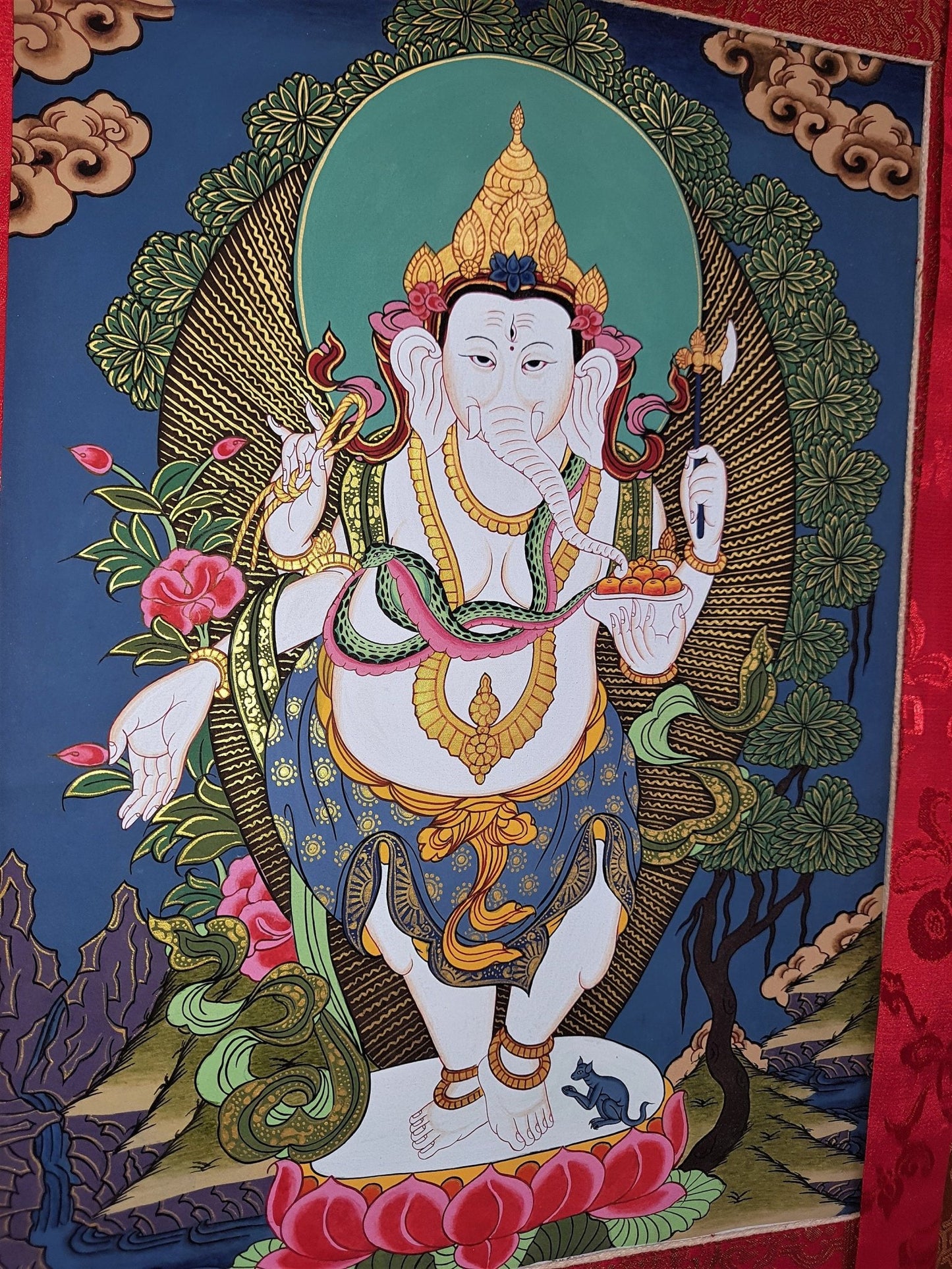 Original Hand Painted Four Armed Standing Ganesh/ Ganesha Hindu God / Thanka Painting With High - Quality Silk Brocade From Nepal - Tibetan Thangka Art