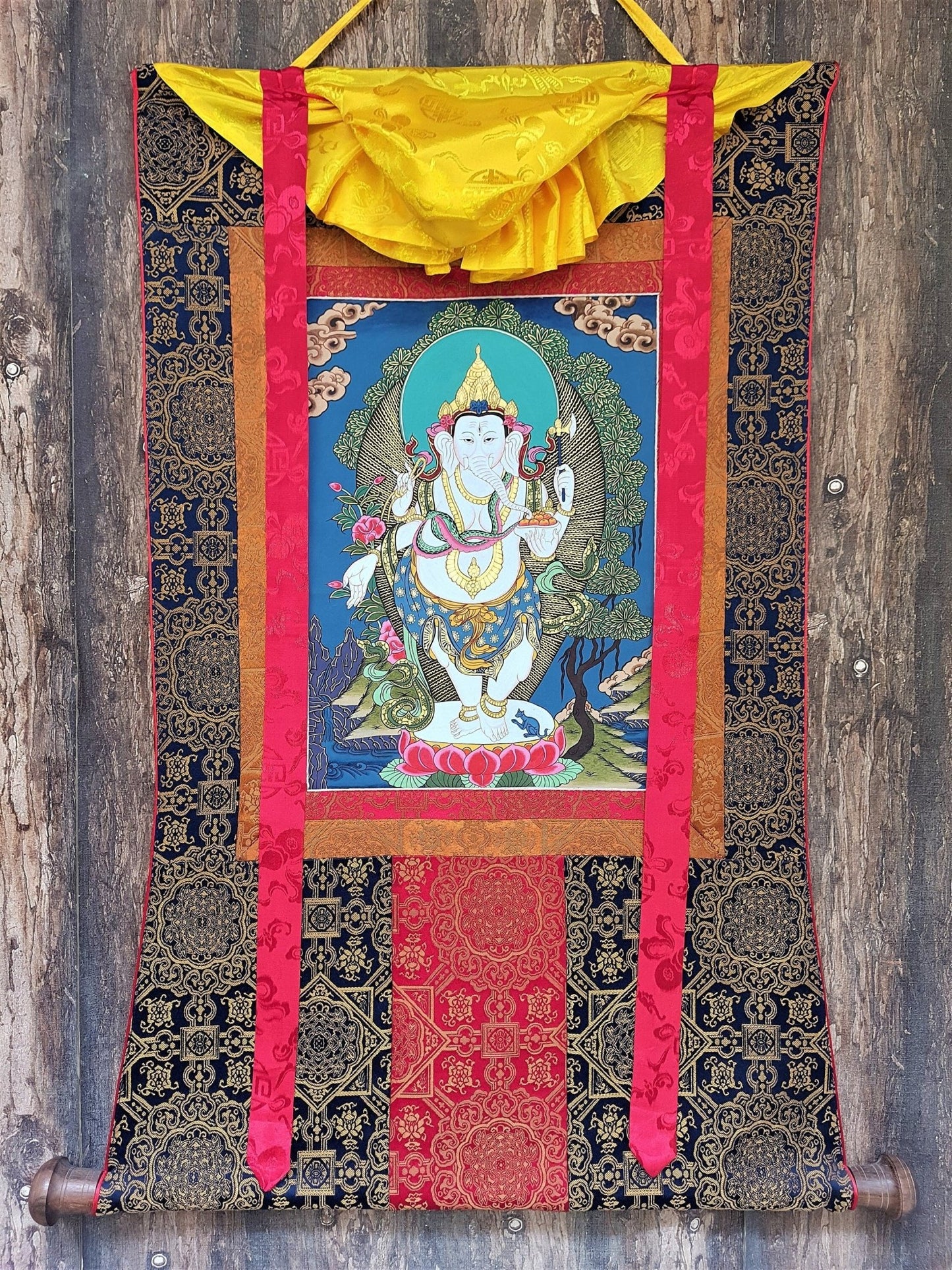 Original Hand Painted Four Armed Standing Ganesh/ Ganesha Hindu God / Thanka Painting With High - Quality Silk Brocade From Nepal - Tibetan Thangka Art