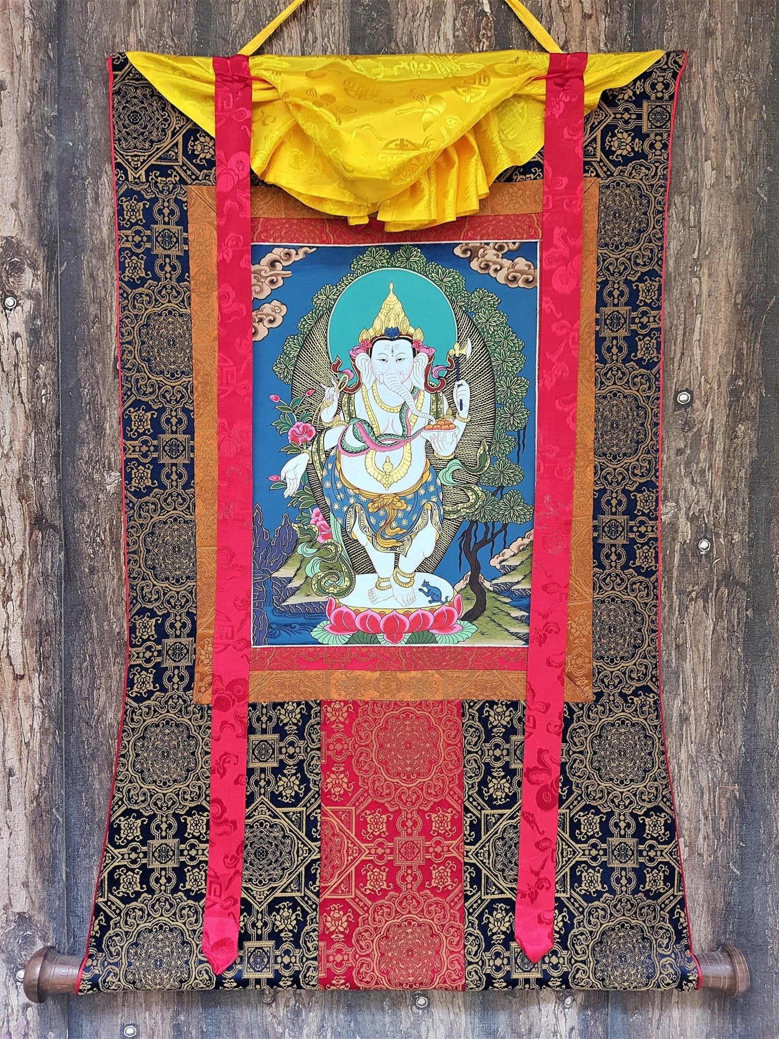 Original Hand Painted Four Armed Standing Ganesh/ Ganesha Hindu God / Thanka Painting With High - Quality Silk Brocade From Nepal - Tibetan Thangka Art
