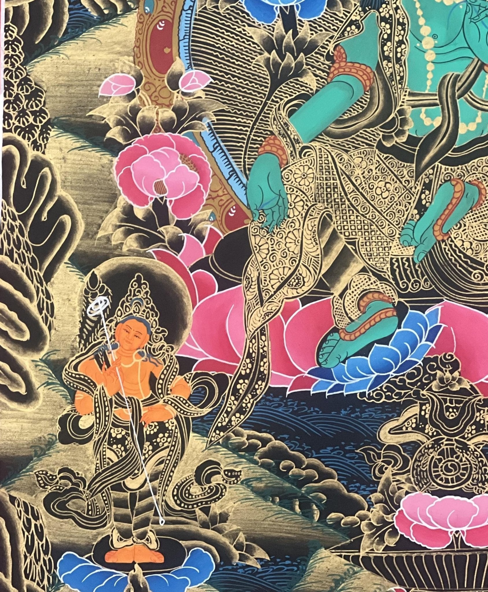 Original Hand Painted Green Tara Compassion / Meditation Black and Gold Tibetan Thangka / Thanka Painting With Silk Brocade - Tibetan Thangka Art