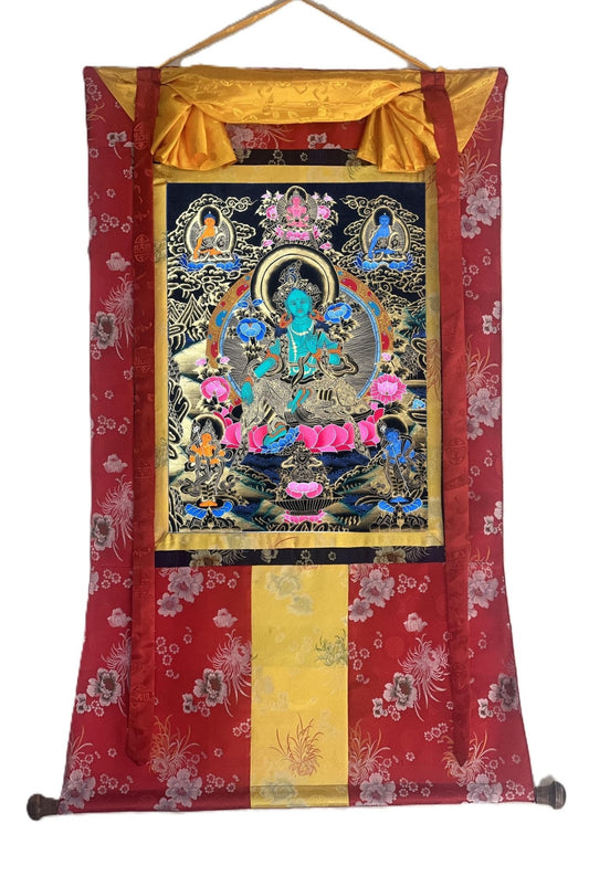 Original Hand Painted Green Tara Compassion / Meditation Black and Gold Tibetan Thangka / Thanka Painting With Silk Brocade - Tibetan Thangka Art