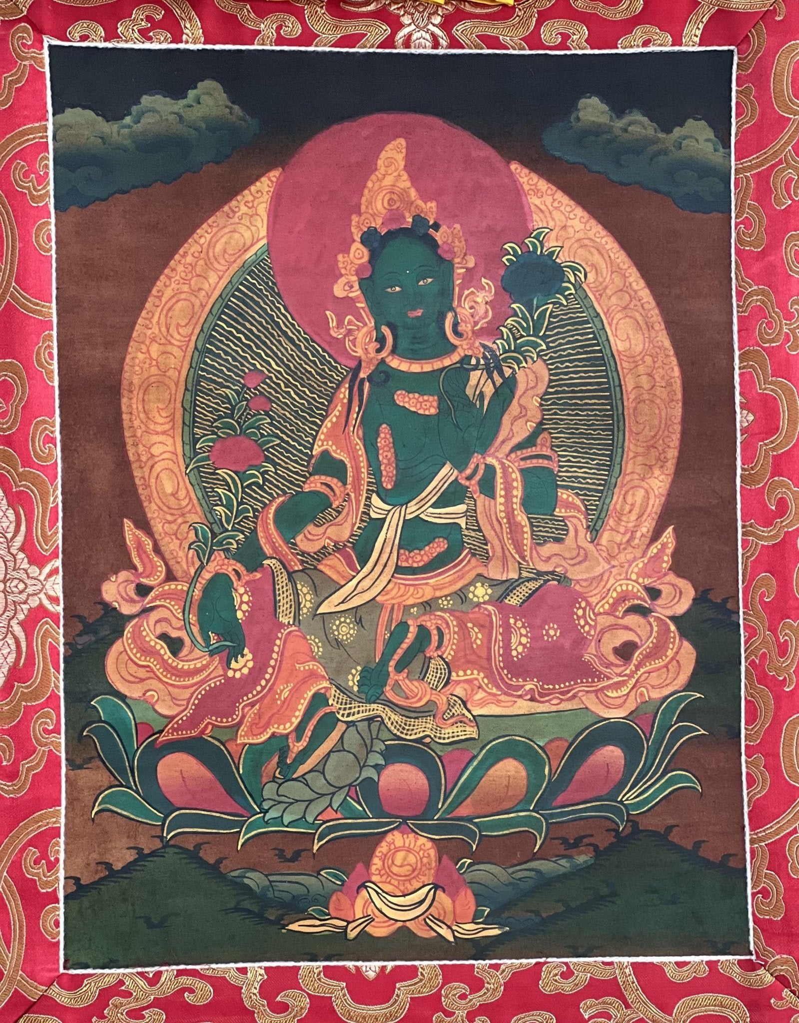 Original Hand - painted Green Tara/ Mother Goddess Oil Varnished Tibetan Thangka Painting with Silk Brocade - Tibetan Thangka Art