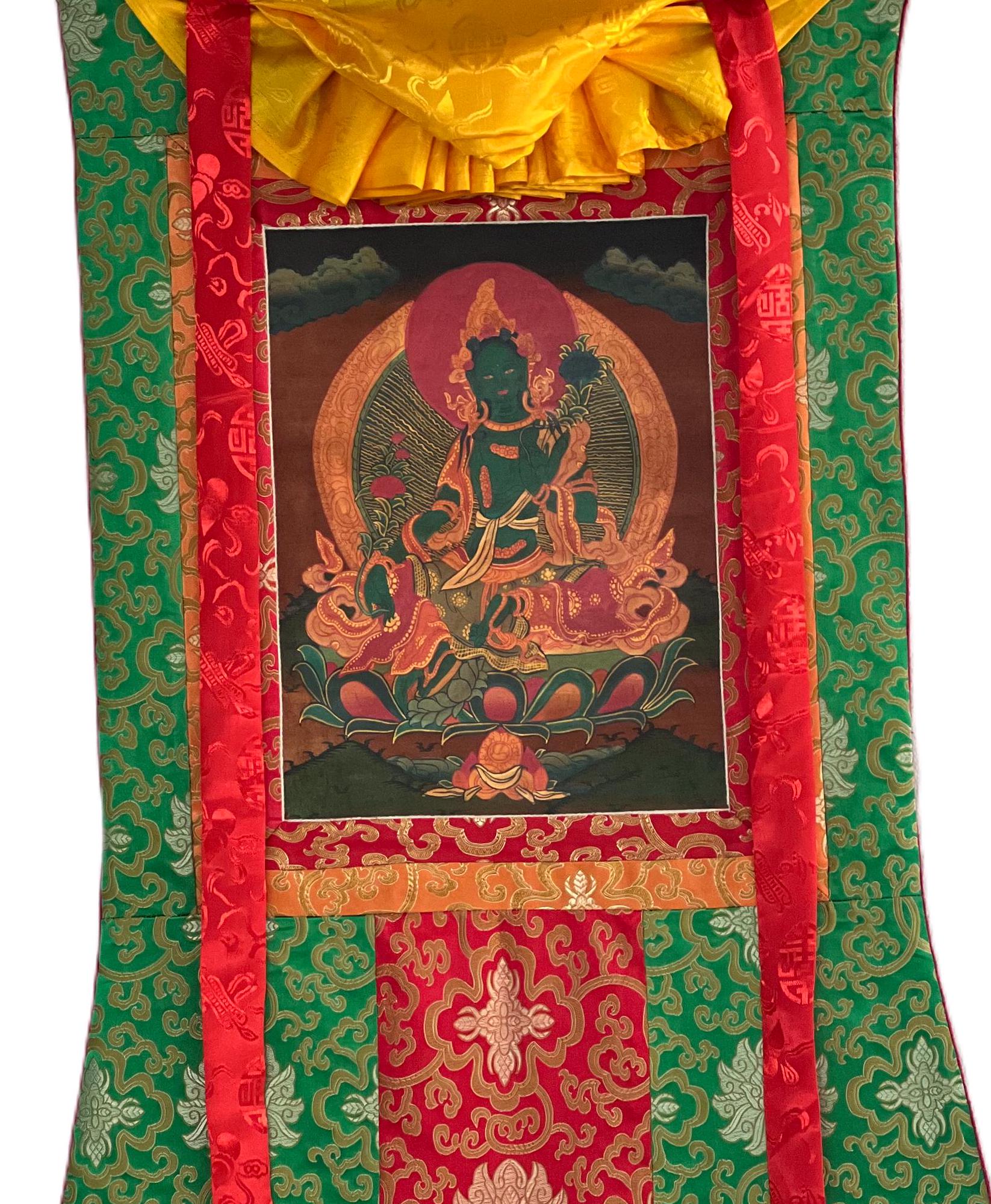 Original Hand - painted Green Tara/ Mother Goddess Oil Varnished Tibetan Thangka Painting with Silk Brocade - Tibetan Thangka Art