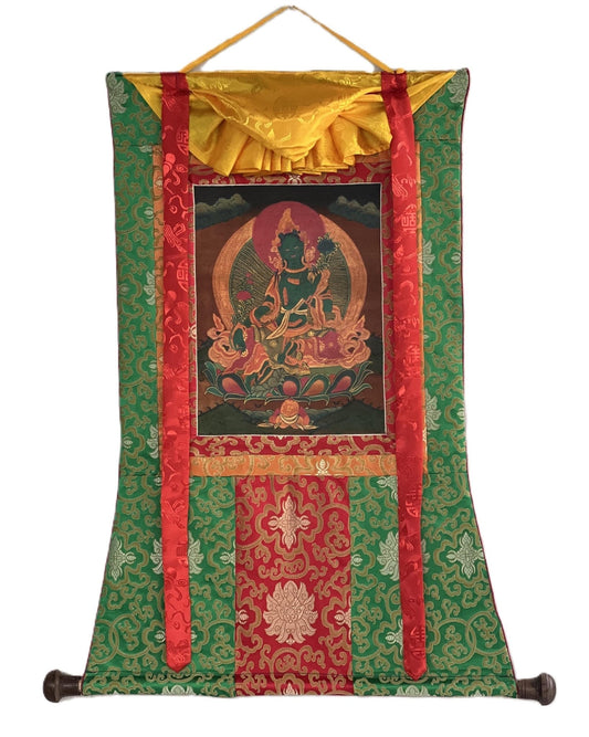 Original Hand - painted Green Tara/ Mother Goddess Oil Varnished Tibetan Thangka Painting with Silk Brocade - Tibetan Thangka Art