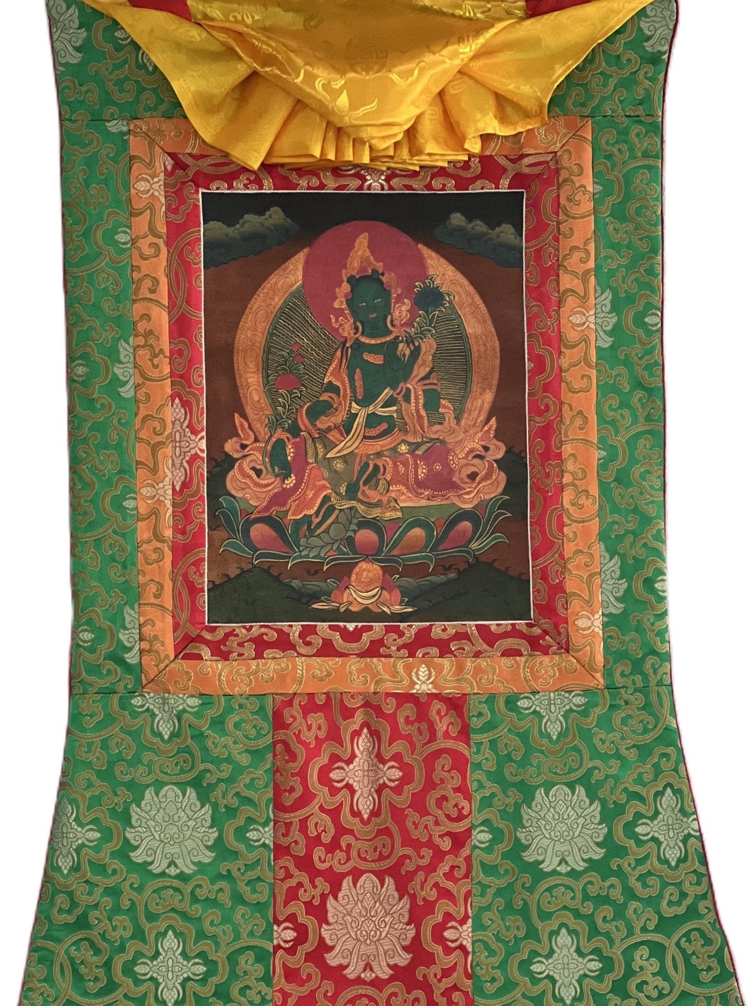 Original Hand - painted Green Tara/ Mother Goddess Oil Varnished Tibetan Thangka Painting with Silk Brocade - Tibetan Thangka Art