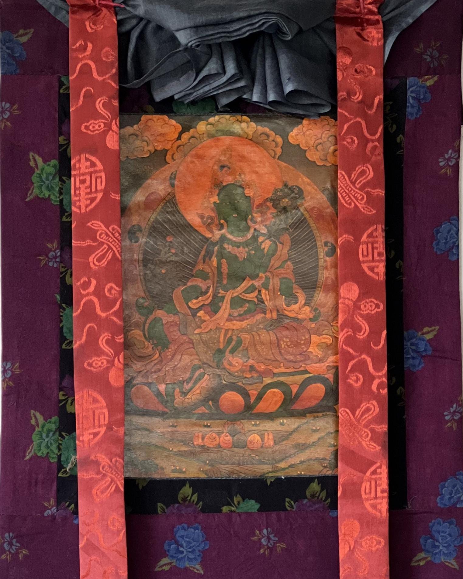 Original Hand - painted Green Tara/ Mother Goddess Old Oil Varnished Tibetan Thangka Painting framed with Cotton Brocade - Tibetan Thangka Art