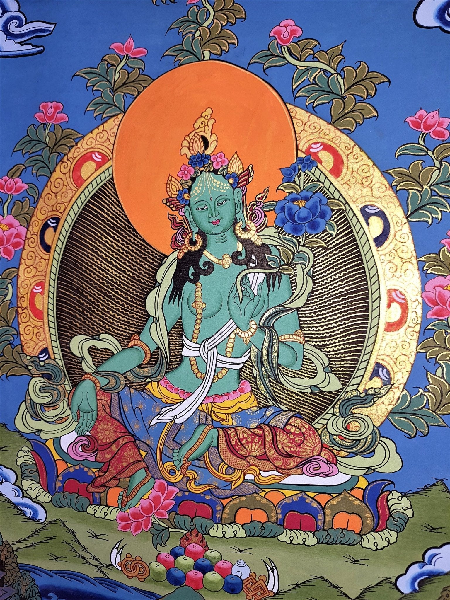 Original Hand - painted, Green Tara, Shyamatara Tibetan Thangka Painting with High - Quality Silk Brocade - Tibetan Thangka Art