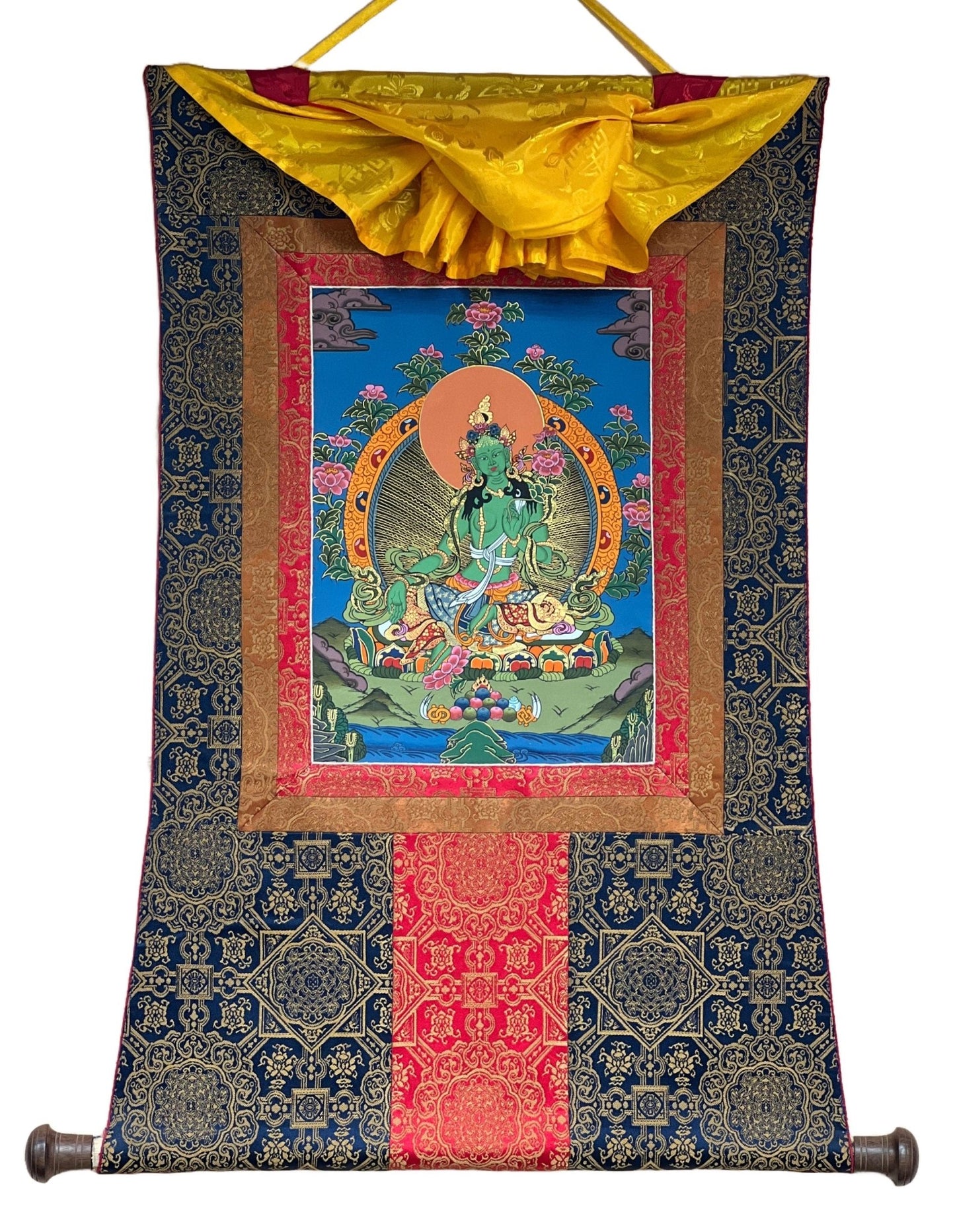 Original Hand - painted, Green Tara, Shyamatara Tibetan Thangka Painting with High - Quality Silk Brocade - Tibetan Thangka Art