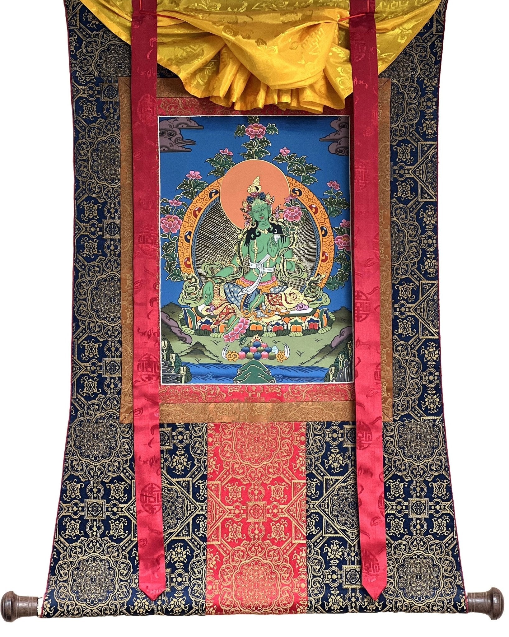 Original Hand - painted, Green Tara, Shyamatara Tibetan Thangka Painting with High - Quality Silk Brocade - Tibetan Thangka Art