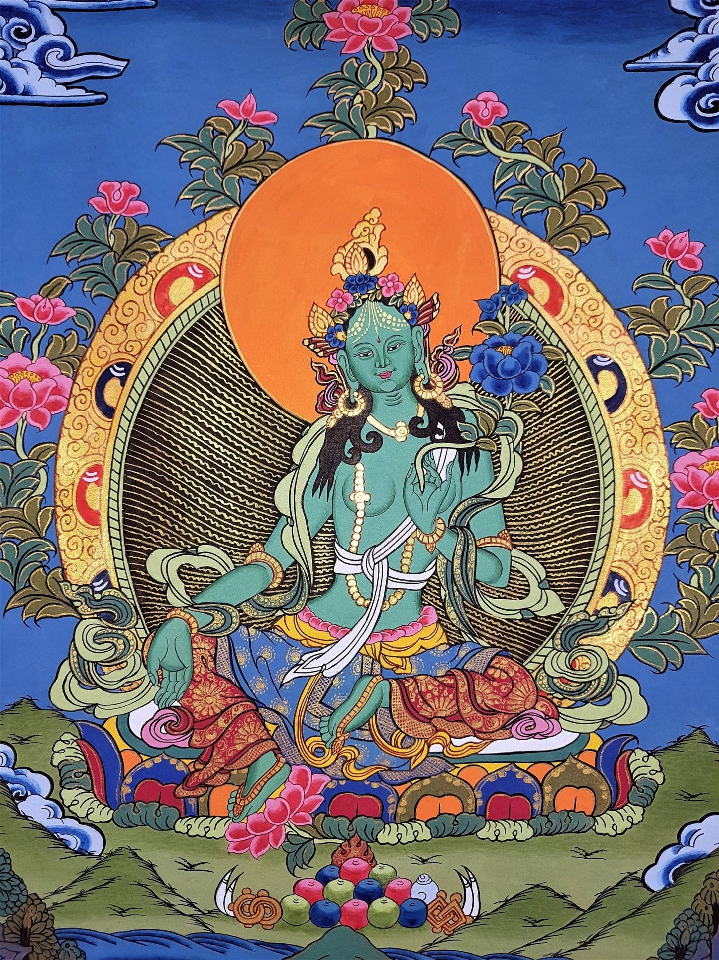 Original Hand - painted, Green Tara, Shyamatara Tibetan Thangka Painting with High - Quality Silk Brocade - Tibetan Thangka Art