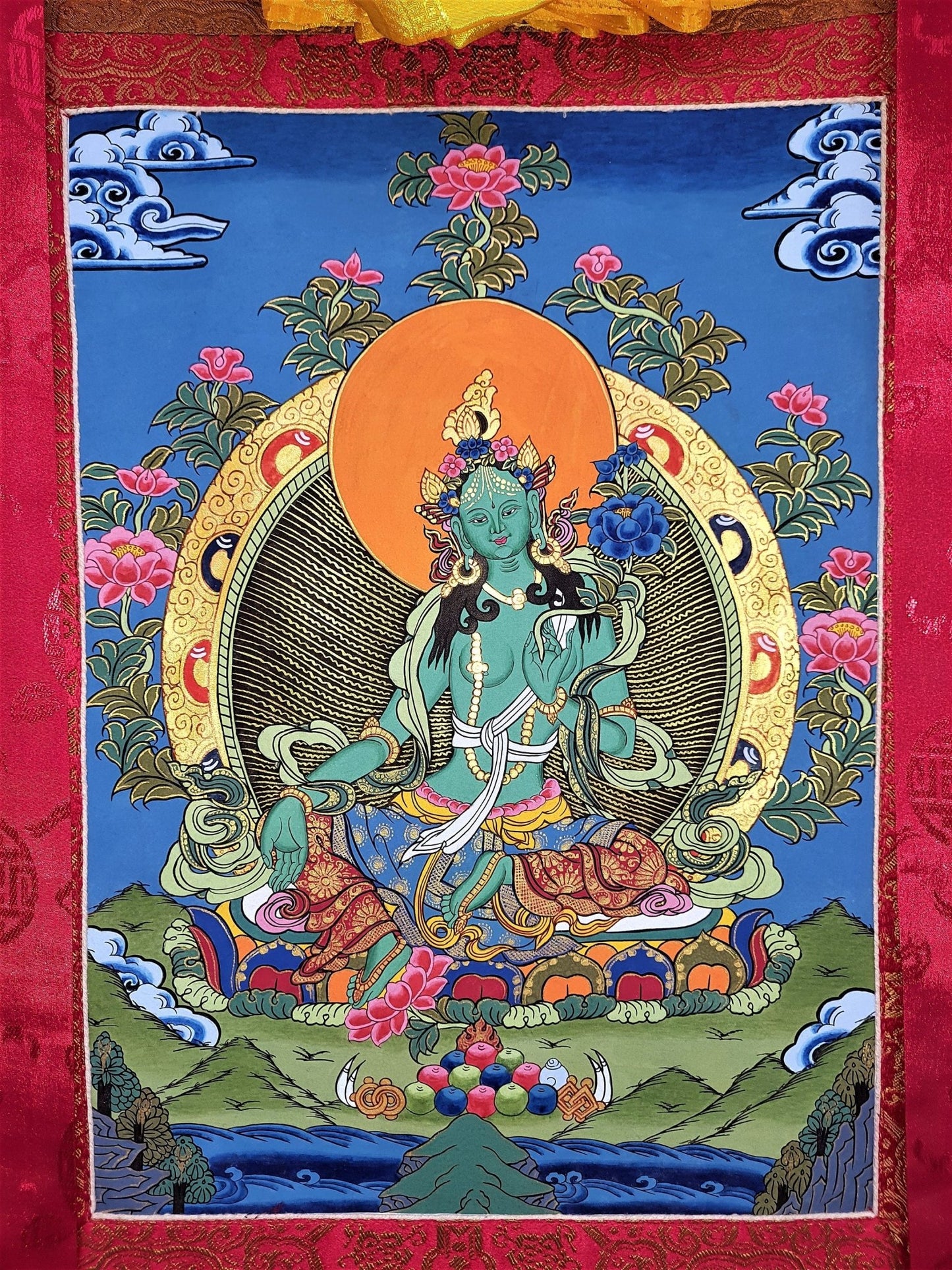 Original Hand - painted, Green Tara, Shyamatara Tibetan Thangka Painting with High - Quality Silk Brocade - Tibetan Thangka Art